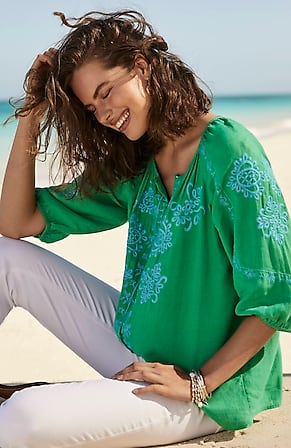 Image for Linen-Blend Embroidered Top