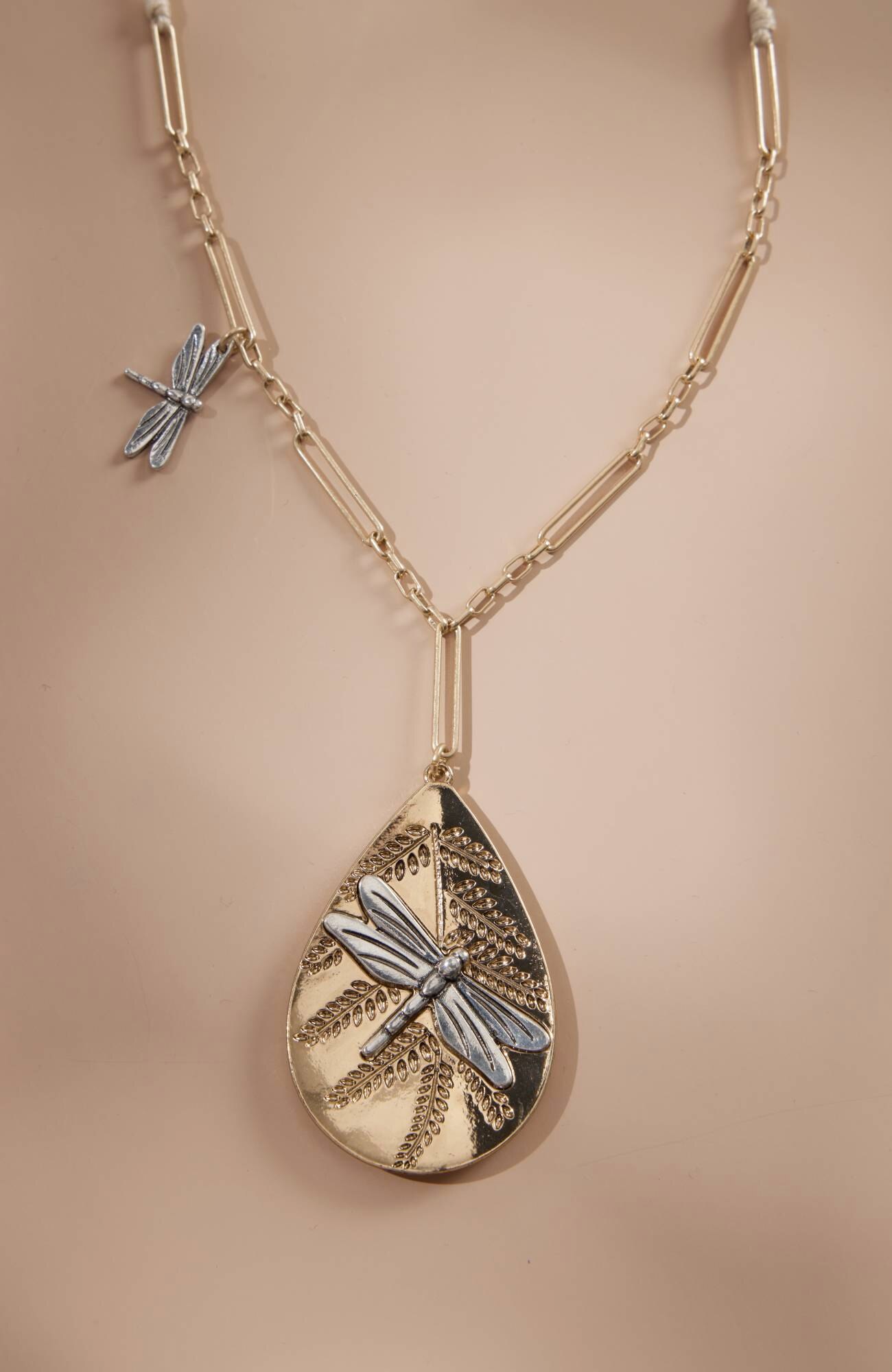 Windswept Petals Dragonfly Pendant Necklace