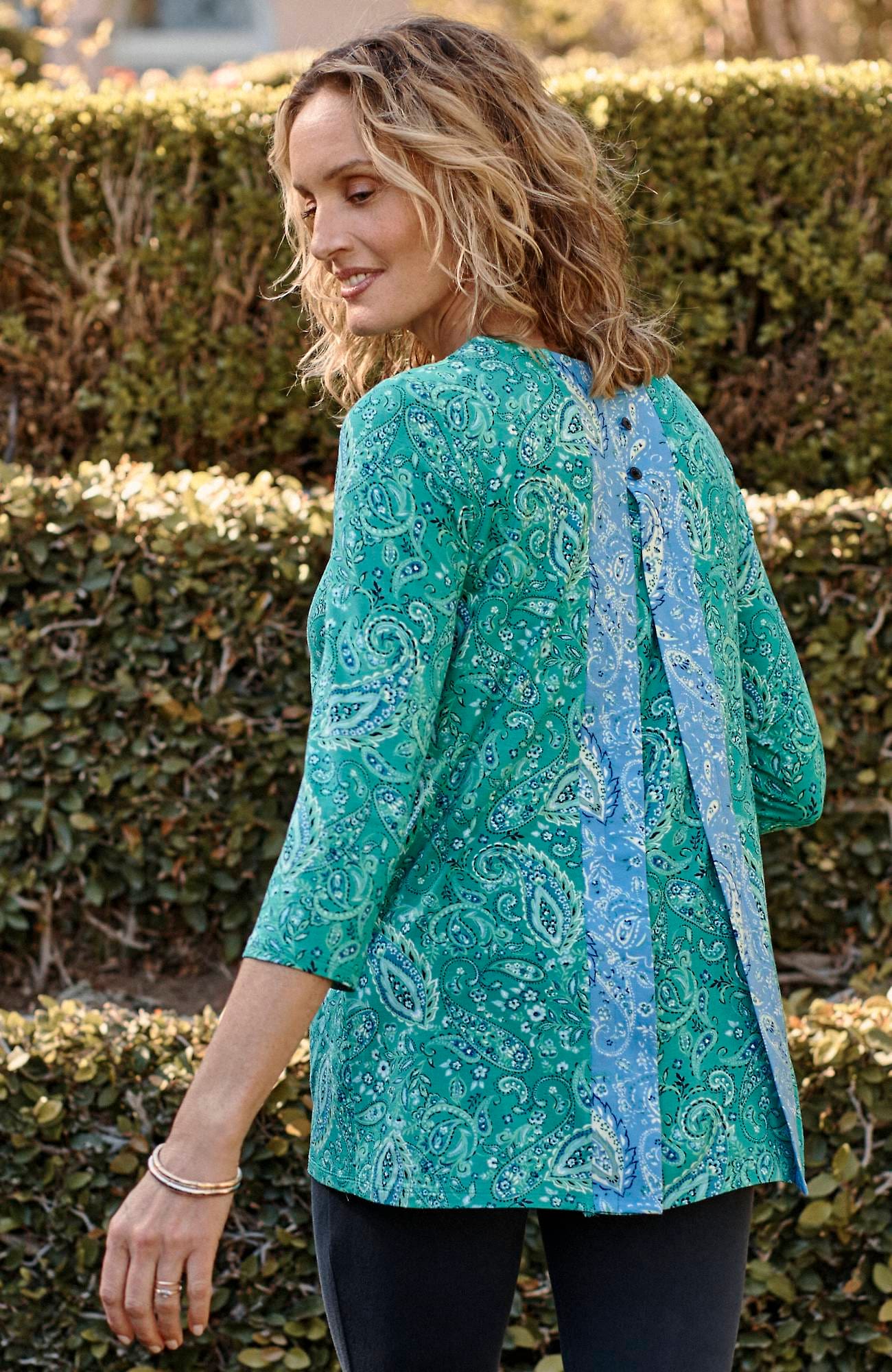 Jjill J.jill Wearever Mixed-print Button-back Top In Teal Green Paisley Flourish Mix