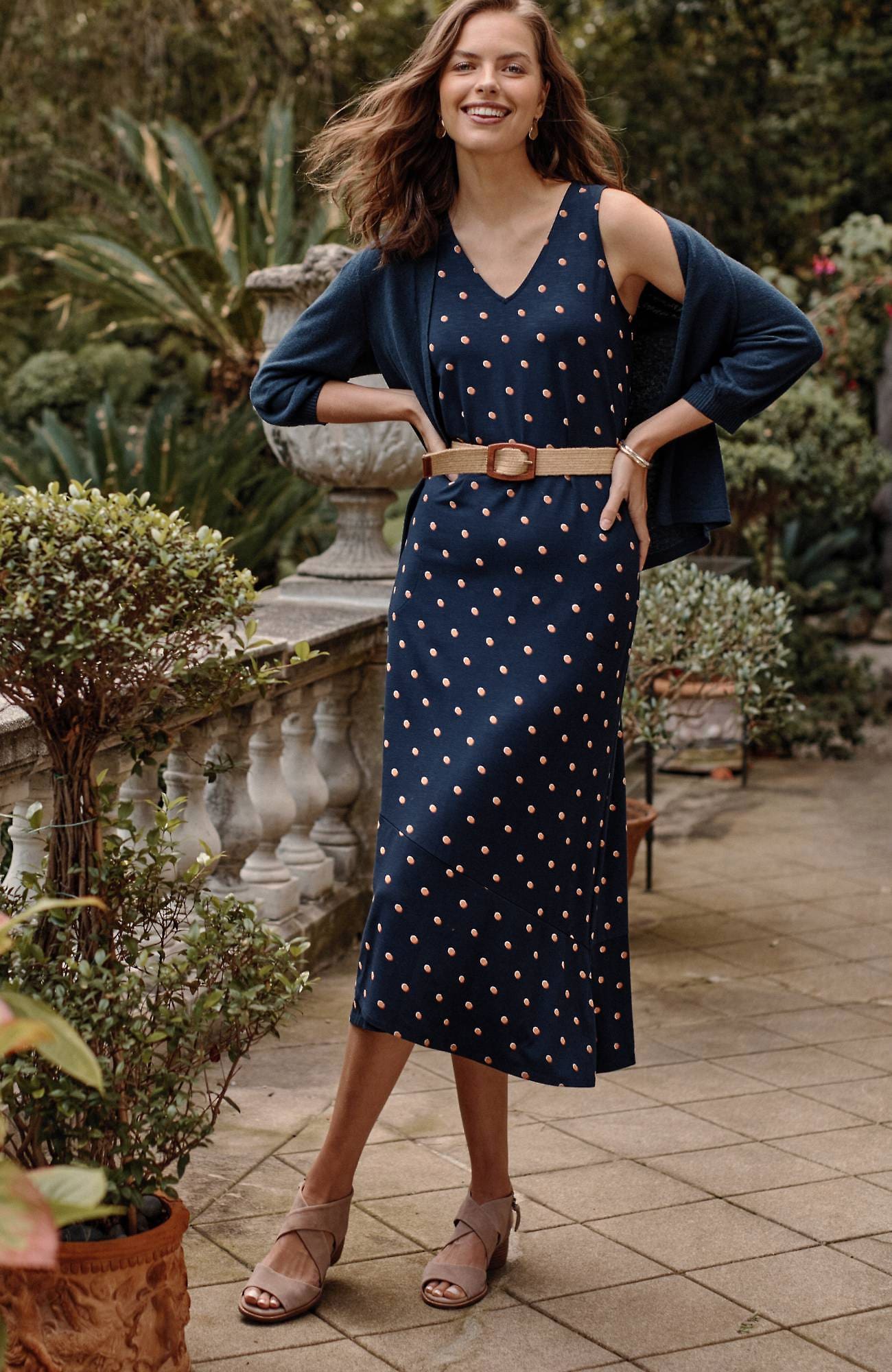 Shop Jjill J.jill Flounced-hem Midi Dress In Navy Blue Button Dot