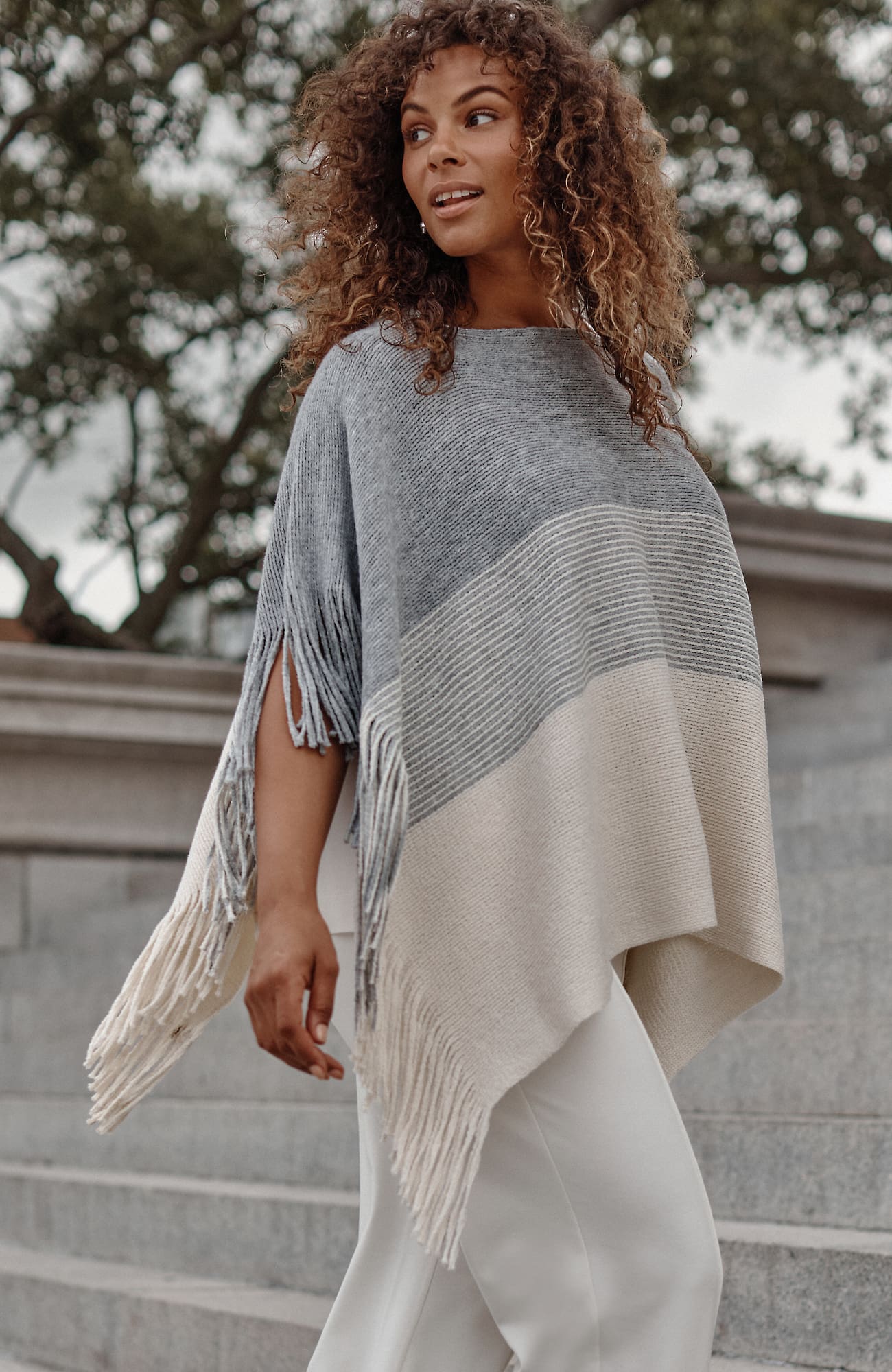 Jjill J.jill Knit-fringe Poncho In Grey Heather,oatmeal Heather