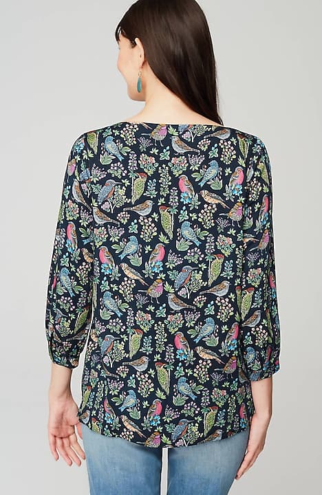 bird-printed boat-neck top