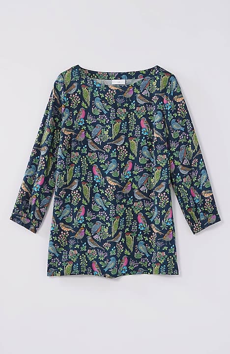 bird-printed boat-neck top