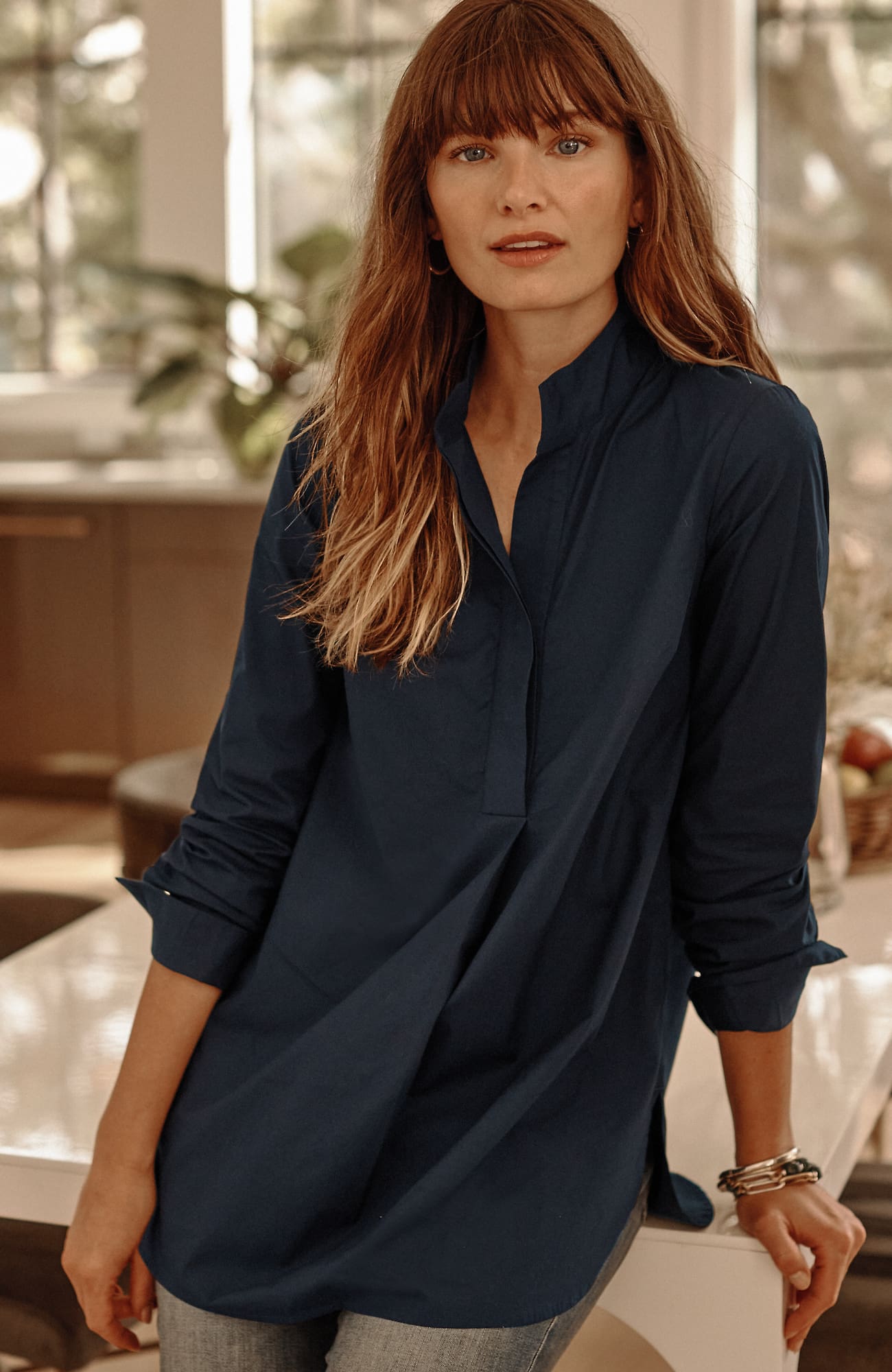 Jjill J.jill Cotton Stand-collar Tunic In Navy Blue
