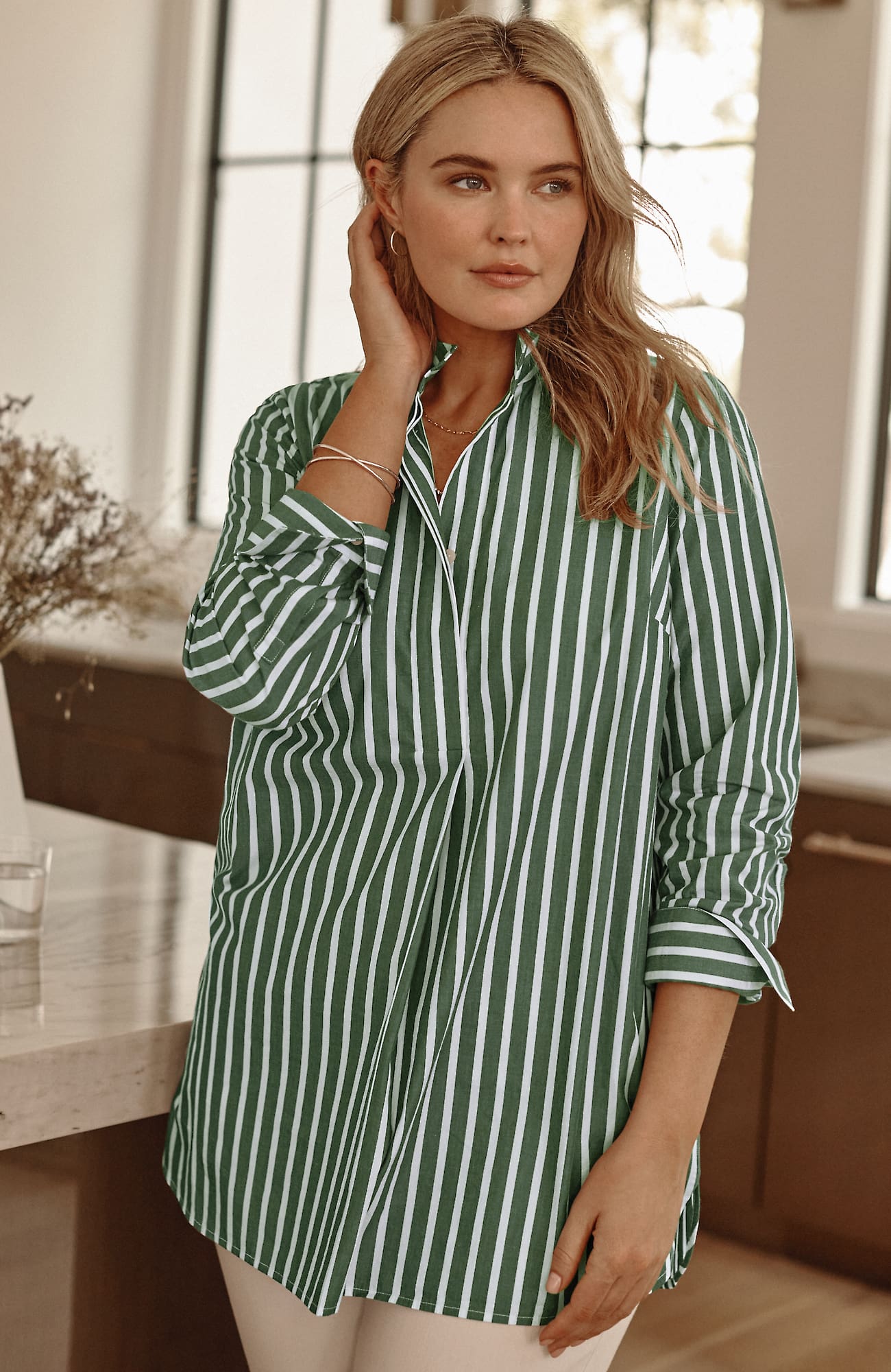 Shop Jjill J.jill Cotton Stand-collar Tunic In Pesto,white
