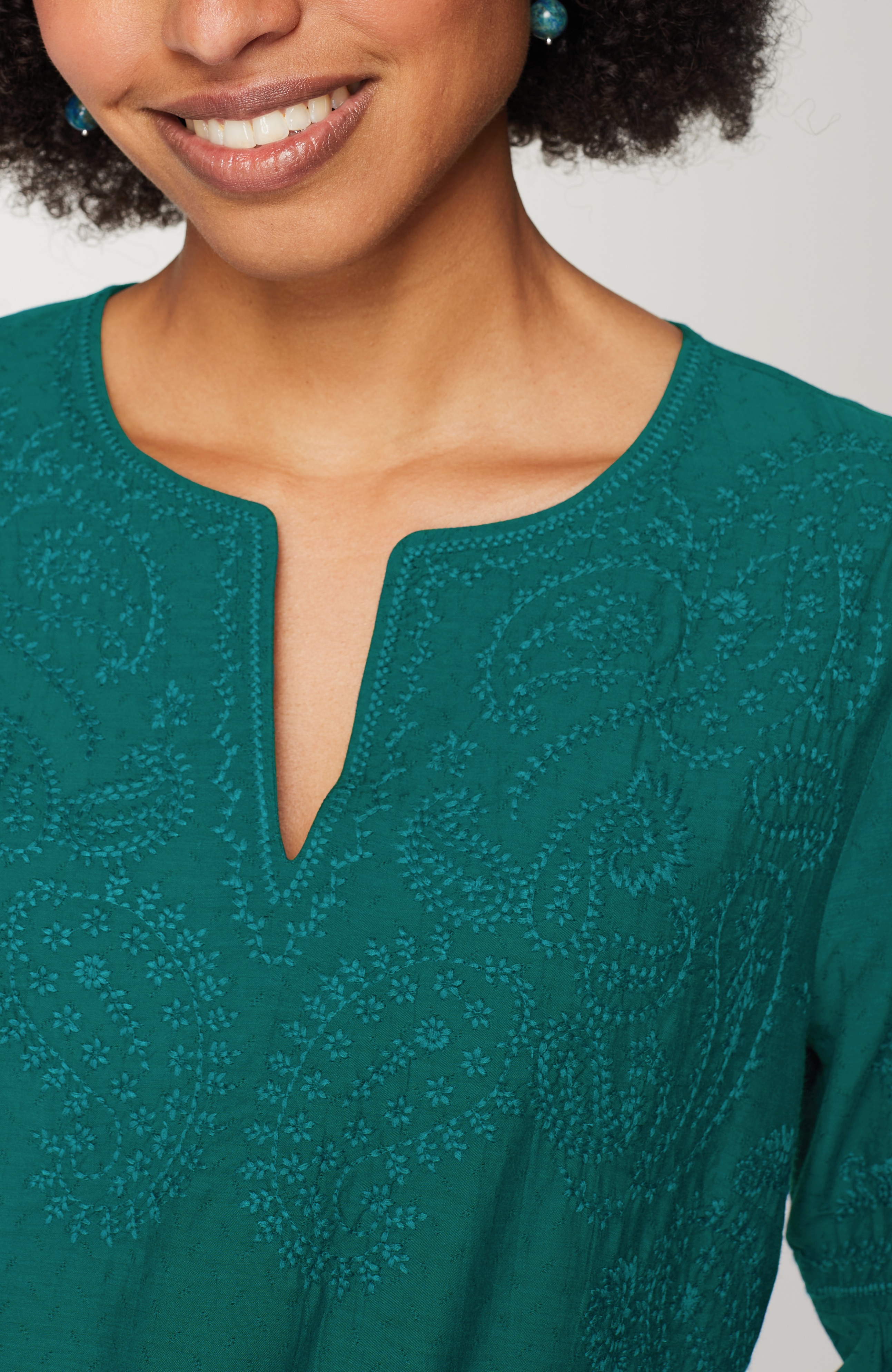 paisley-embroidered split-neck top