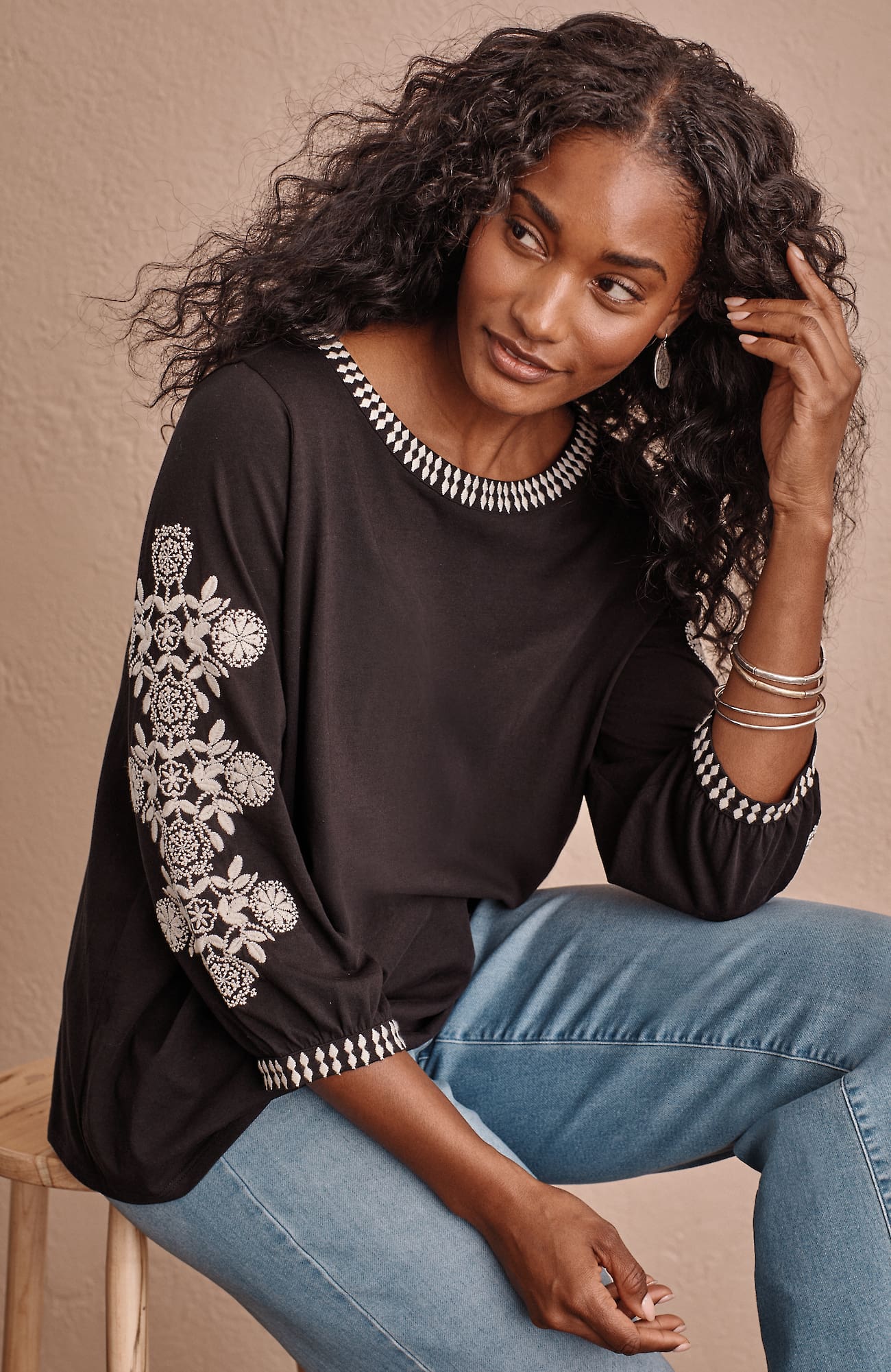 Jjill J.jill Pure Jill Organically Grown Cotton Embroidered Top In Black,cream