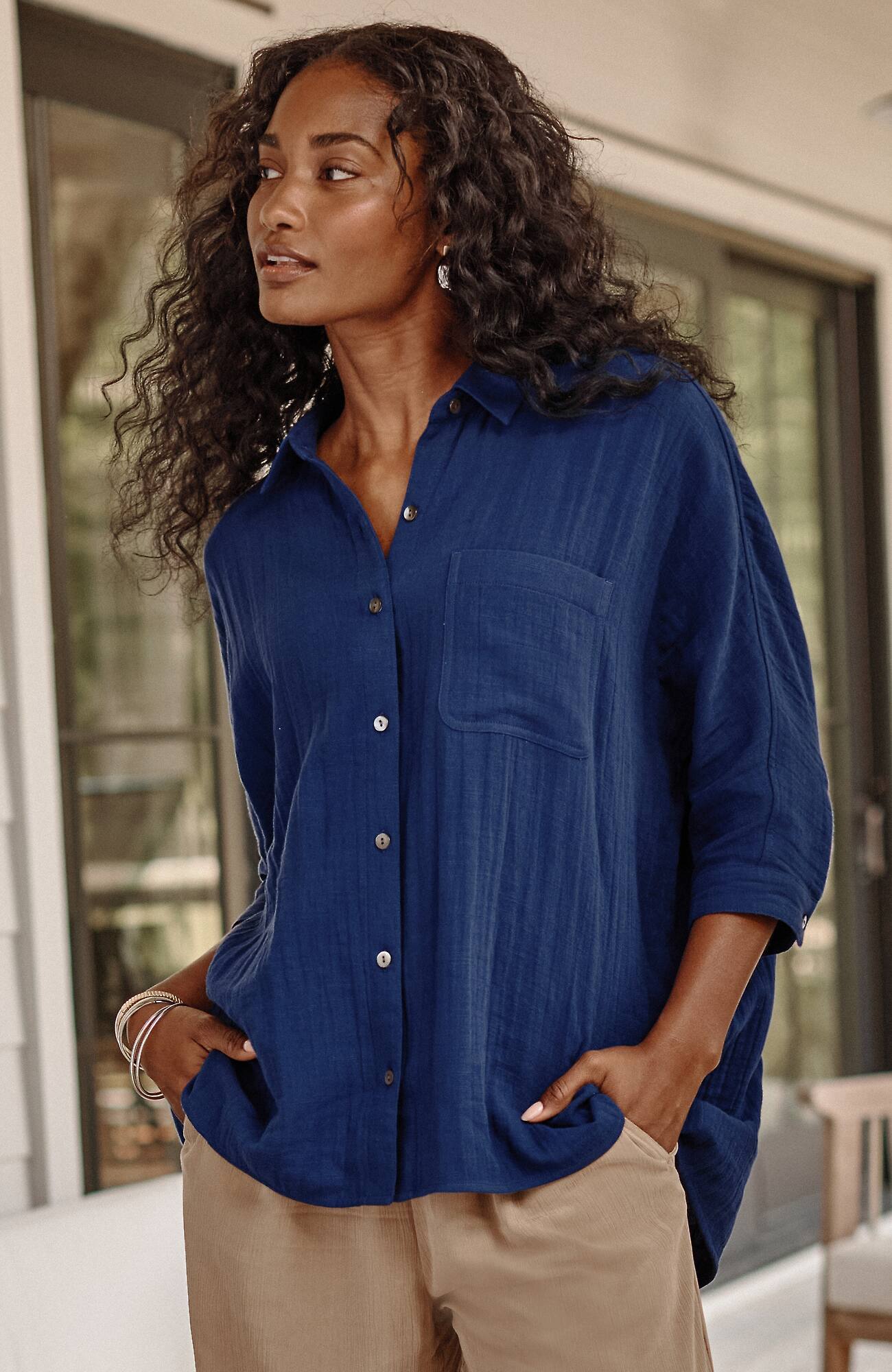 JJILL J.JILL PURE JILL RELAXED GAUZE BUTTON-FRONT TOP