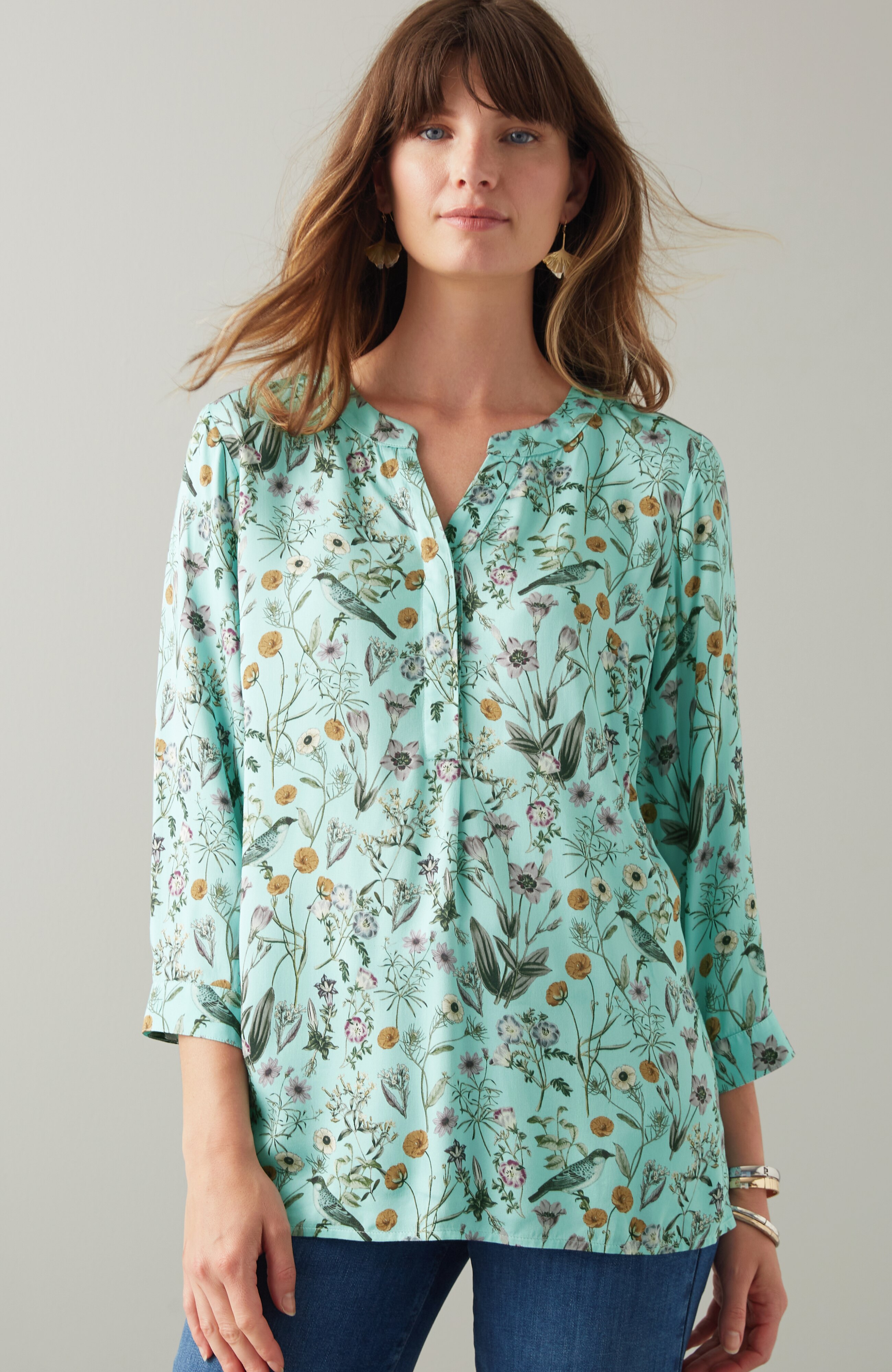 Botanical Birds Printed Satin Top | JJill