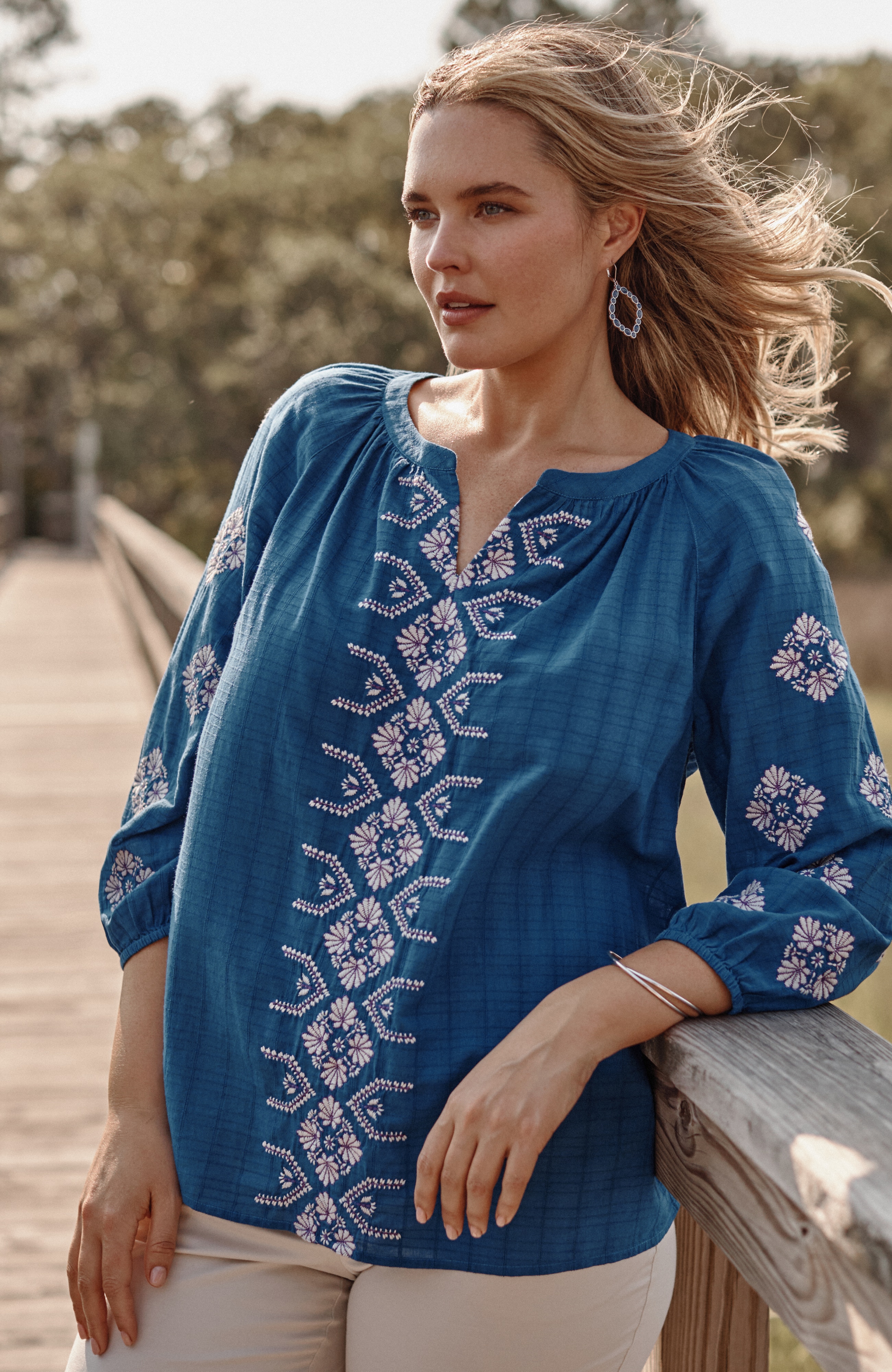 embroidered textured-cotton top