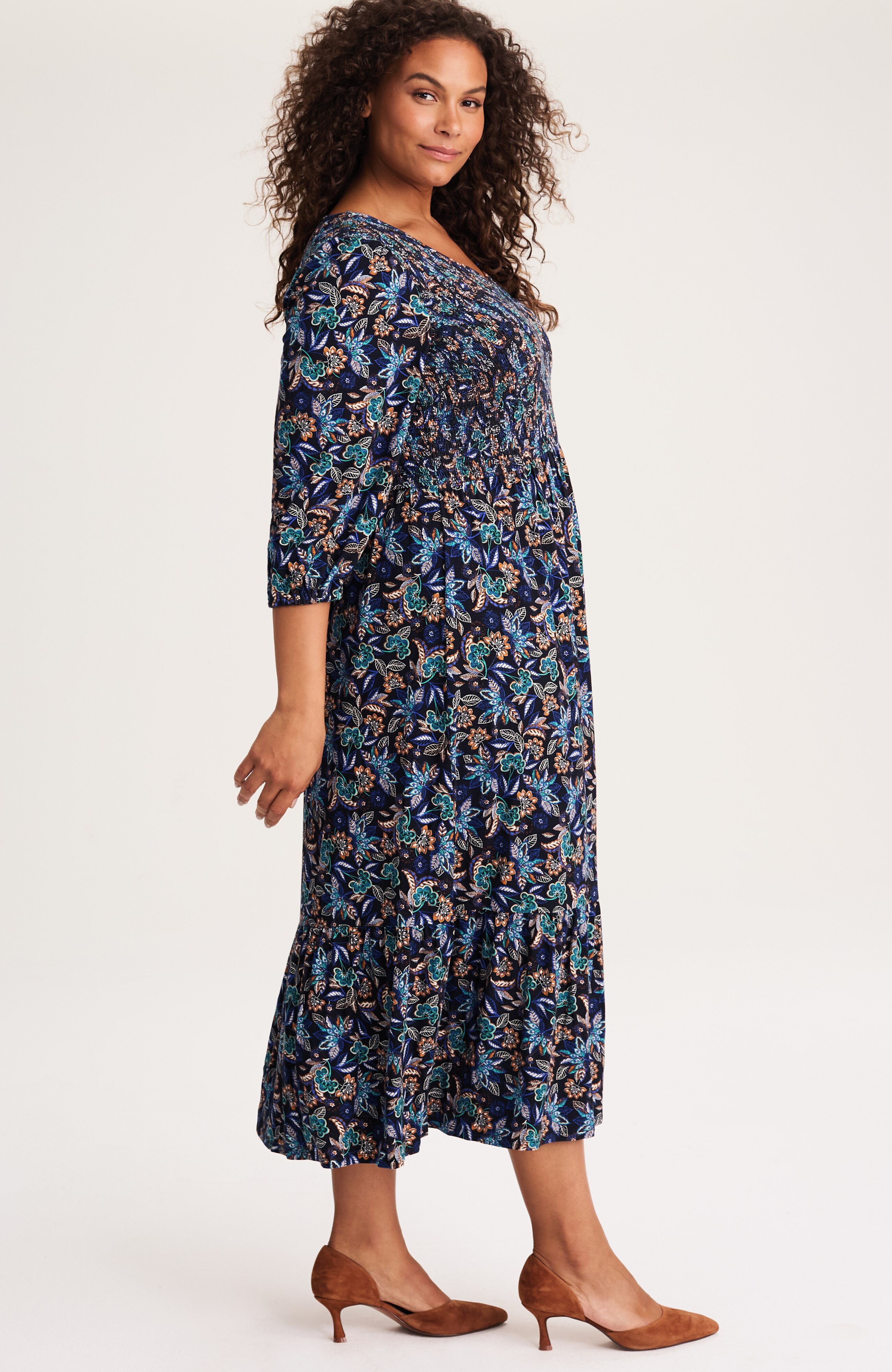 TIERED FLOUNCED-HEM MIDI DRESS | JJill