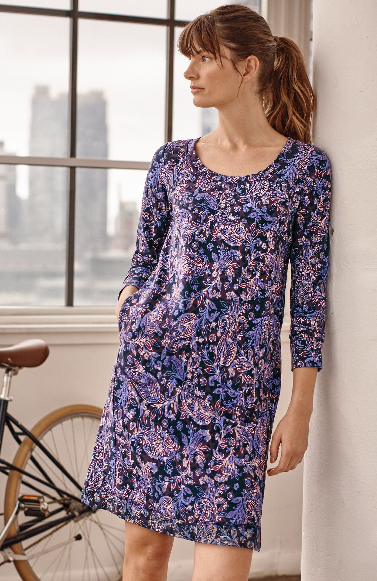 Jjill J.jill Fit Elevate Terry Seamed Dress In Navy Blue Paisley Shadow