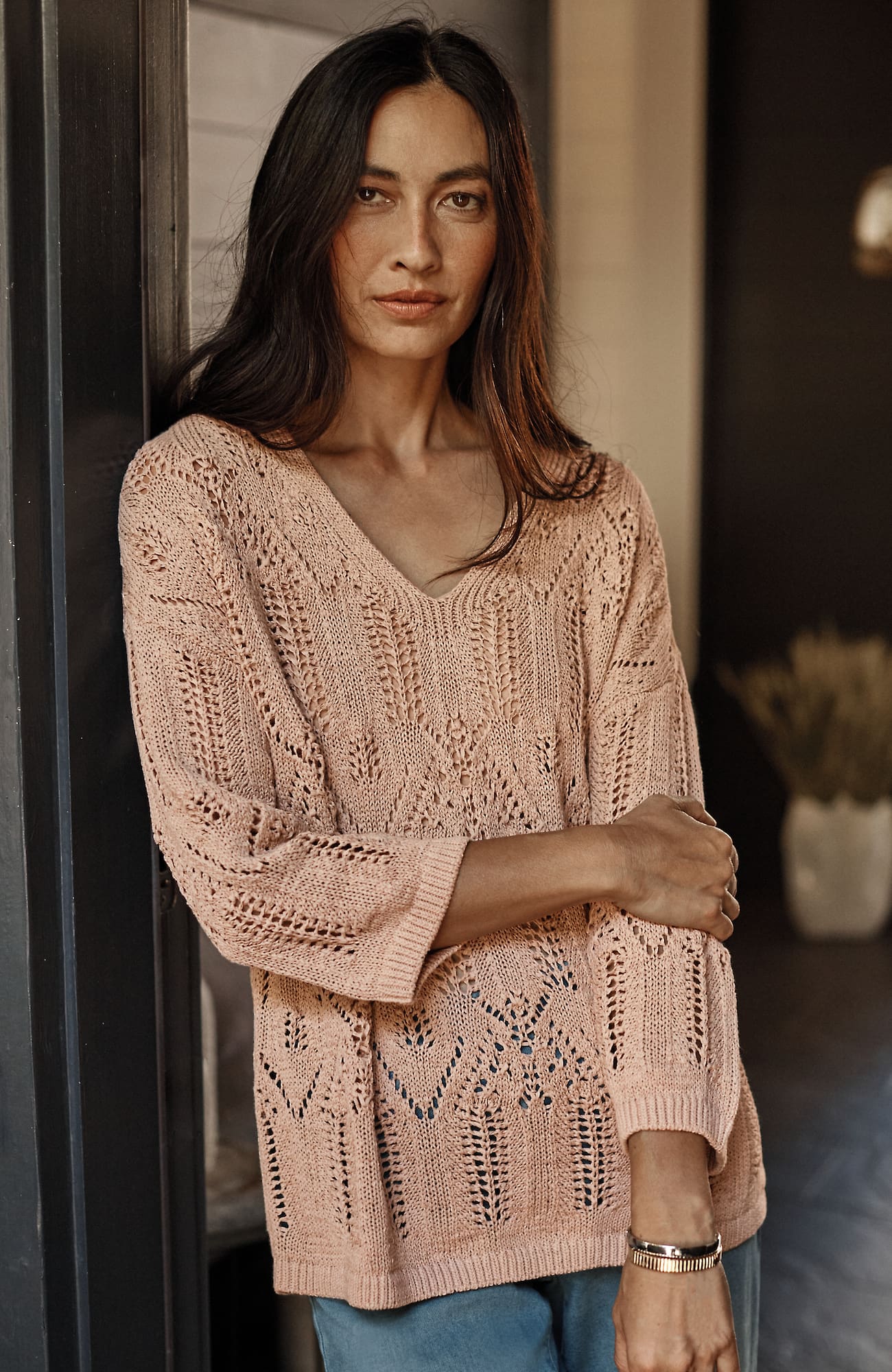 Jjill J.jill Pure Jill Open-textured V-neck Sweater In Rose Blush