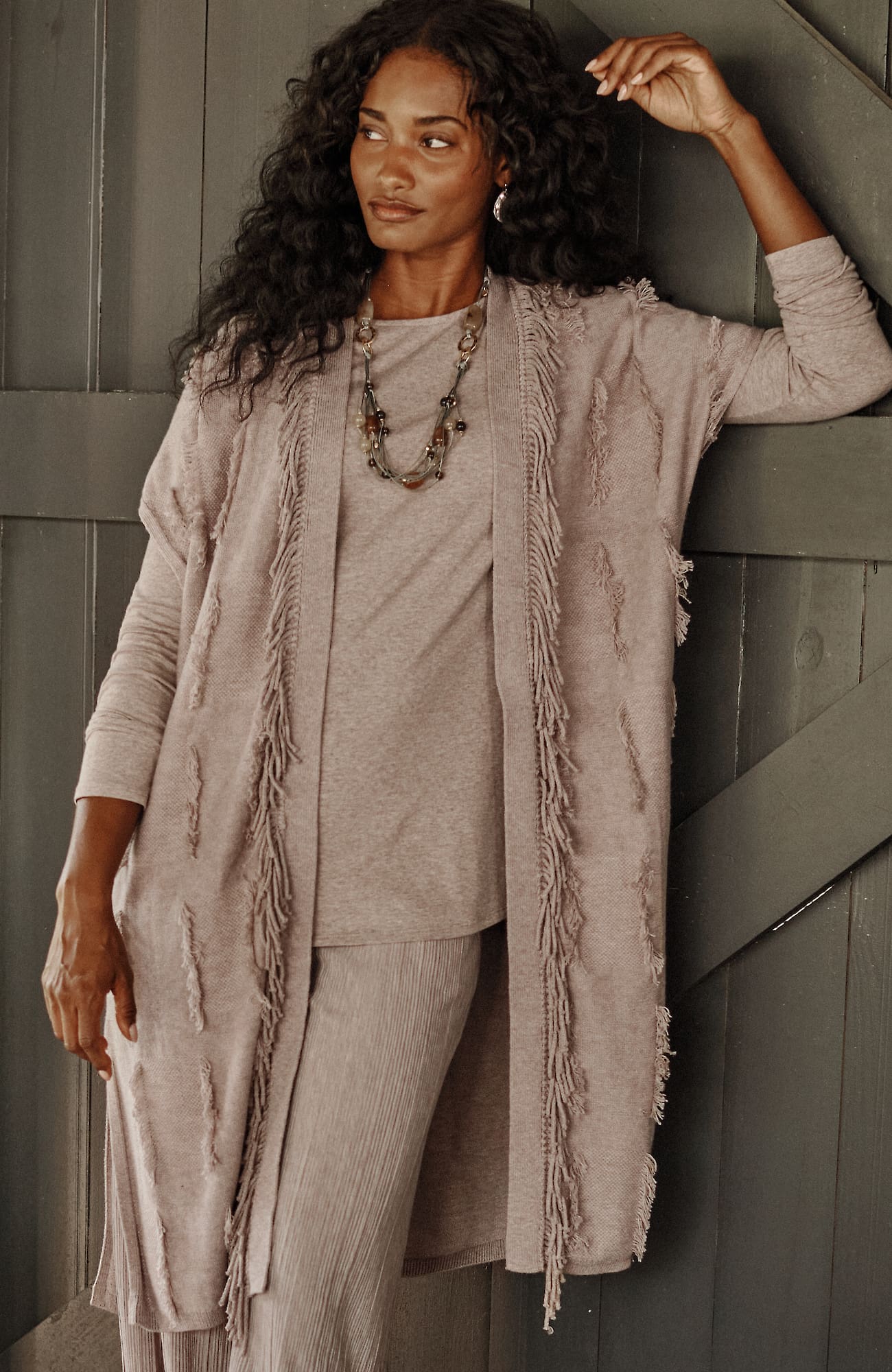 Jjill J.jill Pure Jill Jacquard Fringe Gilet In Light Mocha Heather