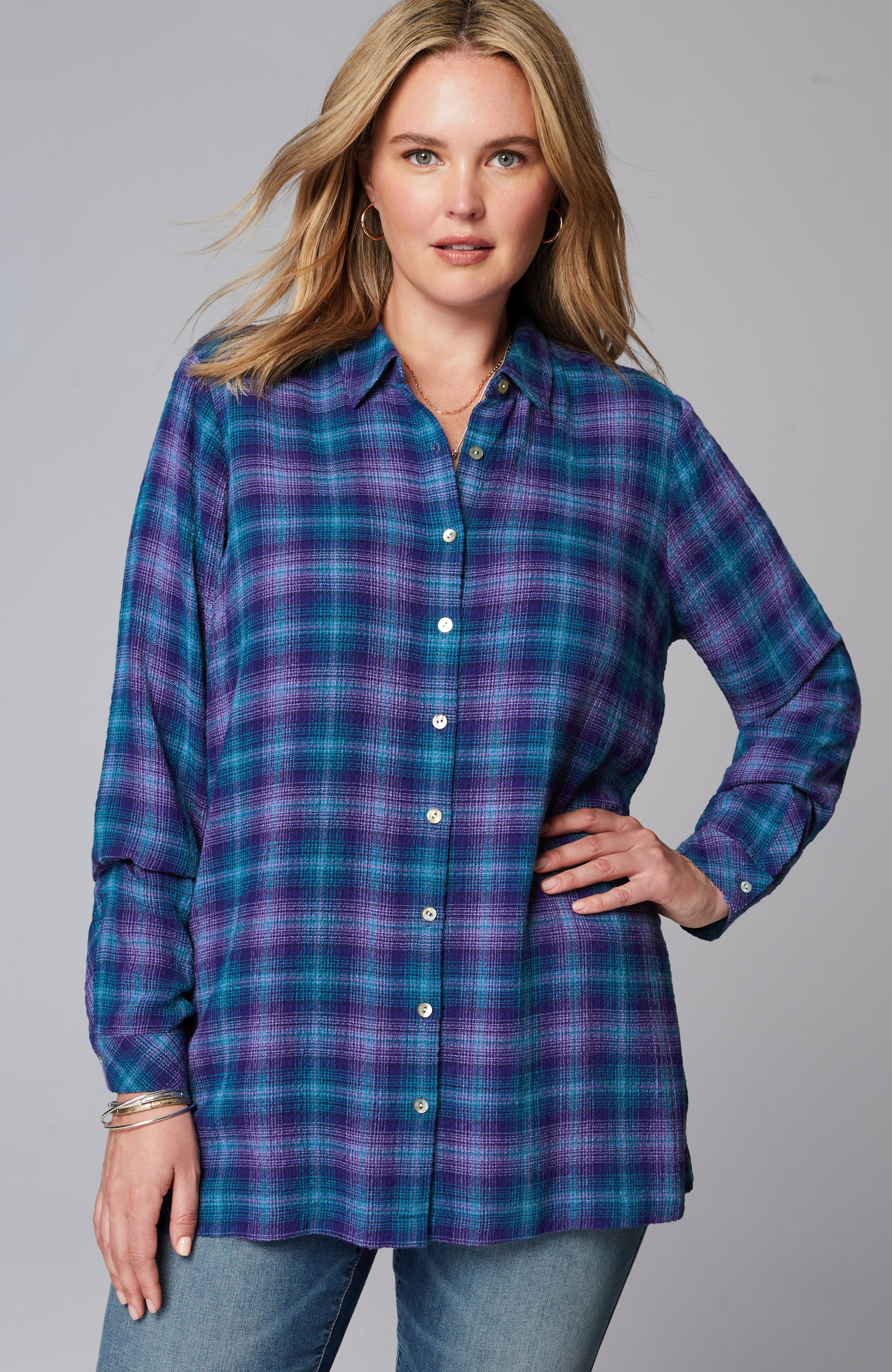 crinkled plaid button-front tunic