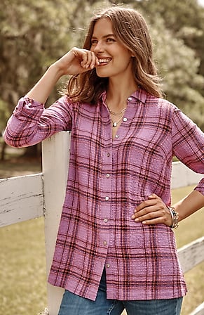 Image for Crinkled Plaid Button-Front Tunic