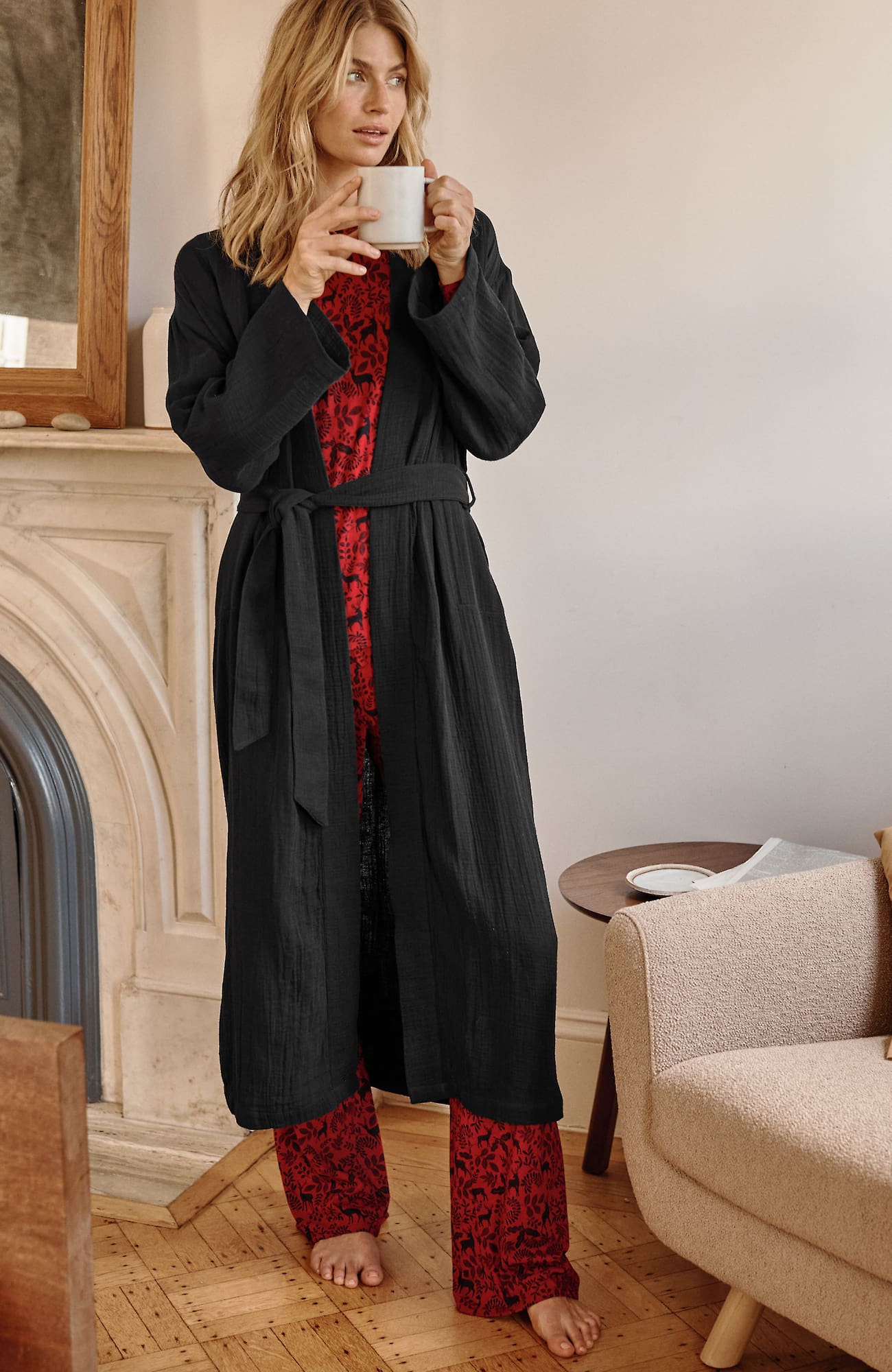 Jjill J.jill Sleep Cotton-gauze Robe In Black