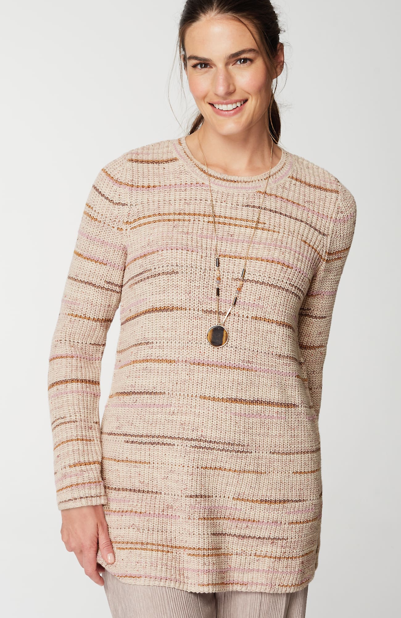 Jjill J.jill Pure Jill Crew-neck Intarsia Striped Tunic In Light Porcini Multi