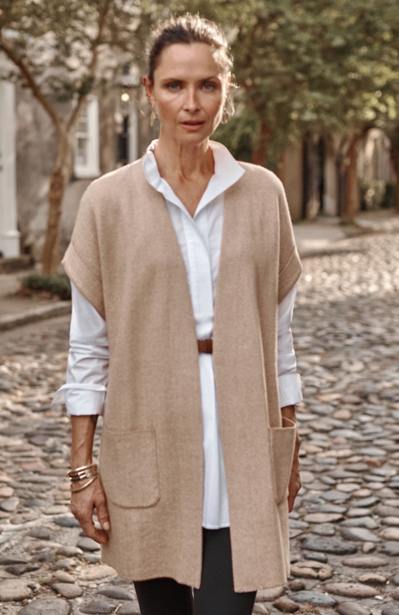Shop Jjill J.jill Herringbone Gilet In Caramel,cream