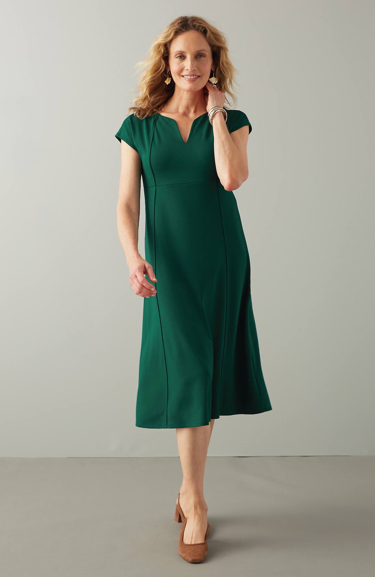 Jjill J.jill Wearever Seamed Split-neck Dress In Emerald