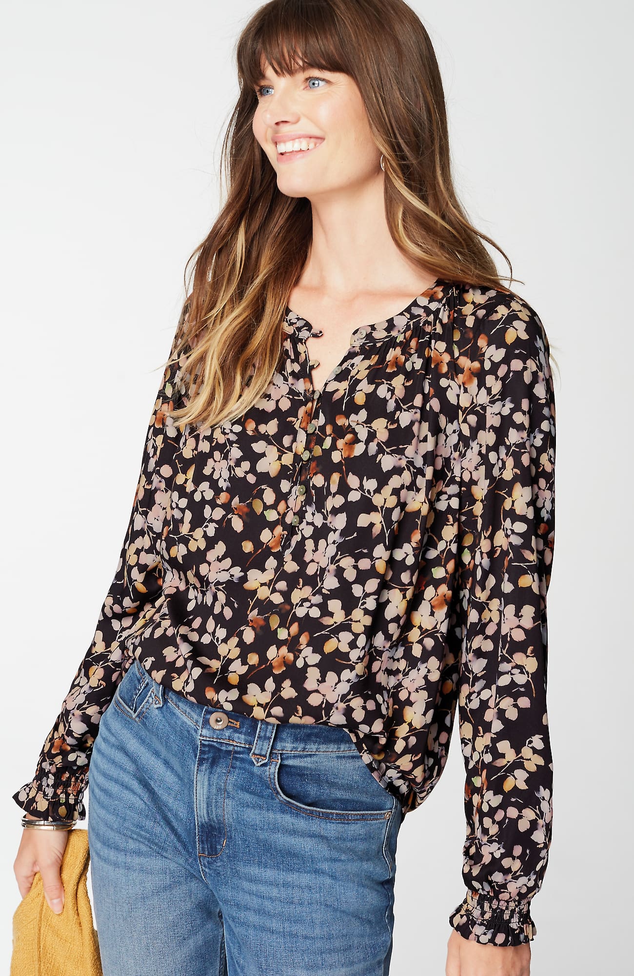 Jjill J.jill Artistic Leaves Printed Satin Top In Cream,nutmeg