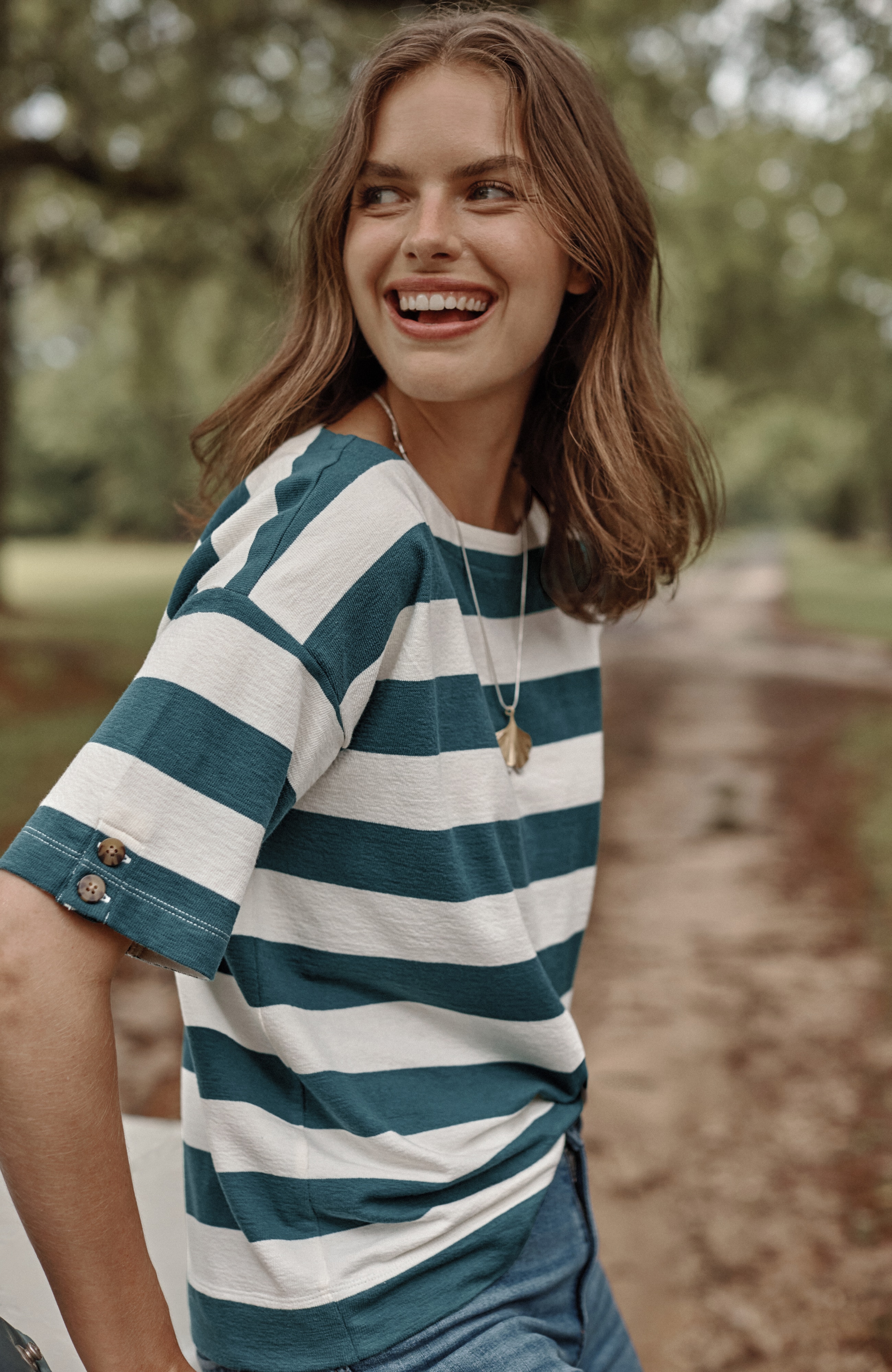 striped button-sleeve tee