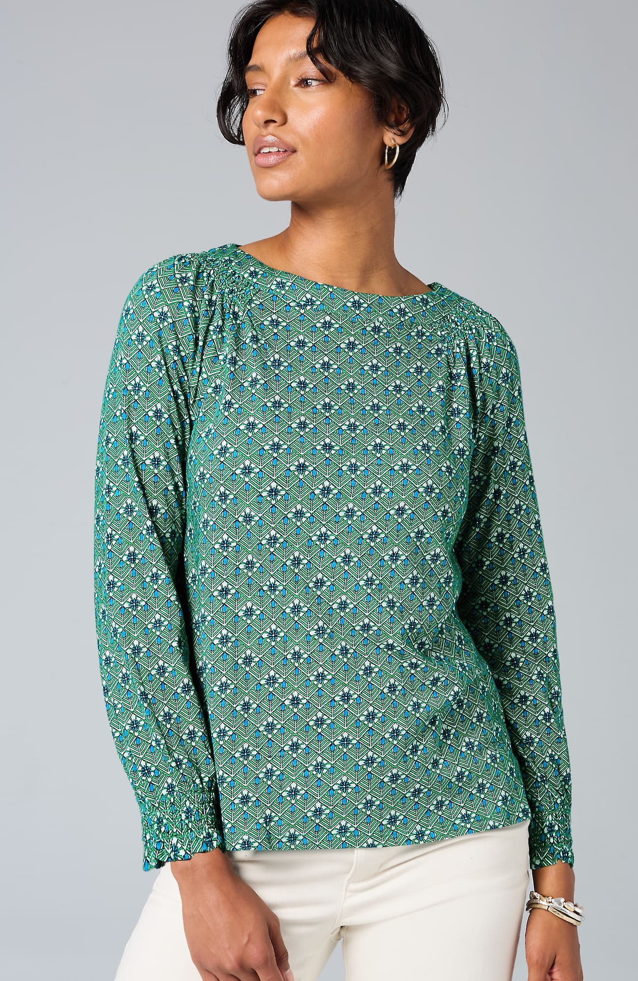Jjill J.jill Smocked Geometric Printed Top In Meadow Festive Geo