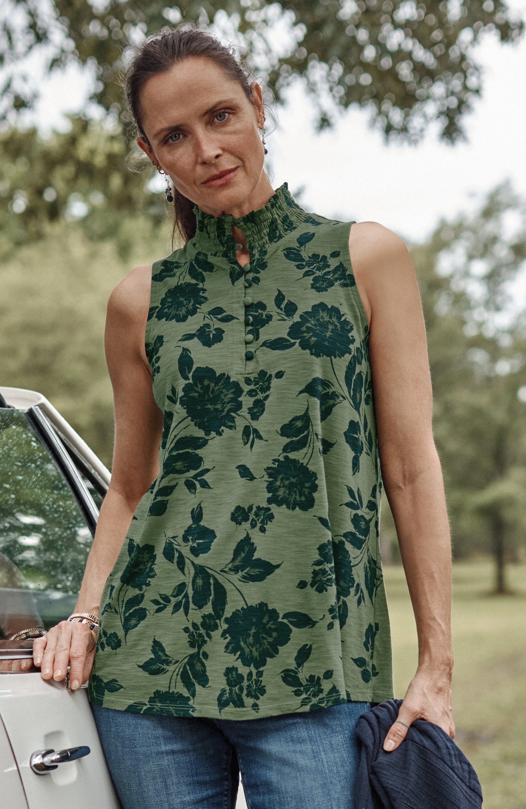 smocked-neck sleeveless top