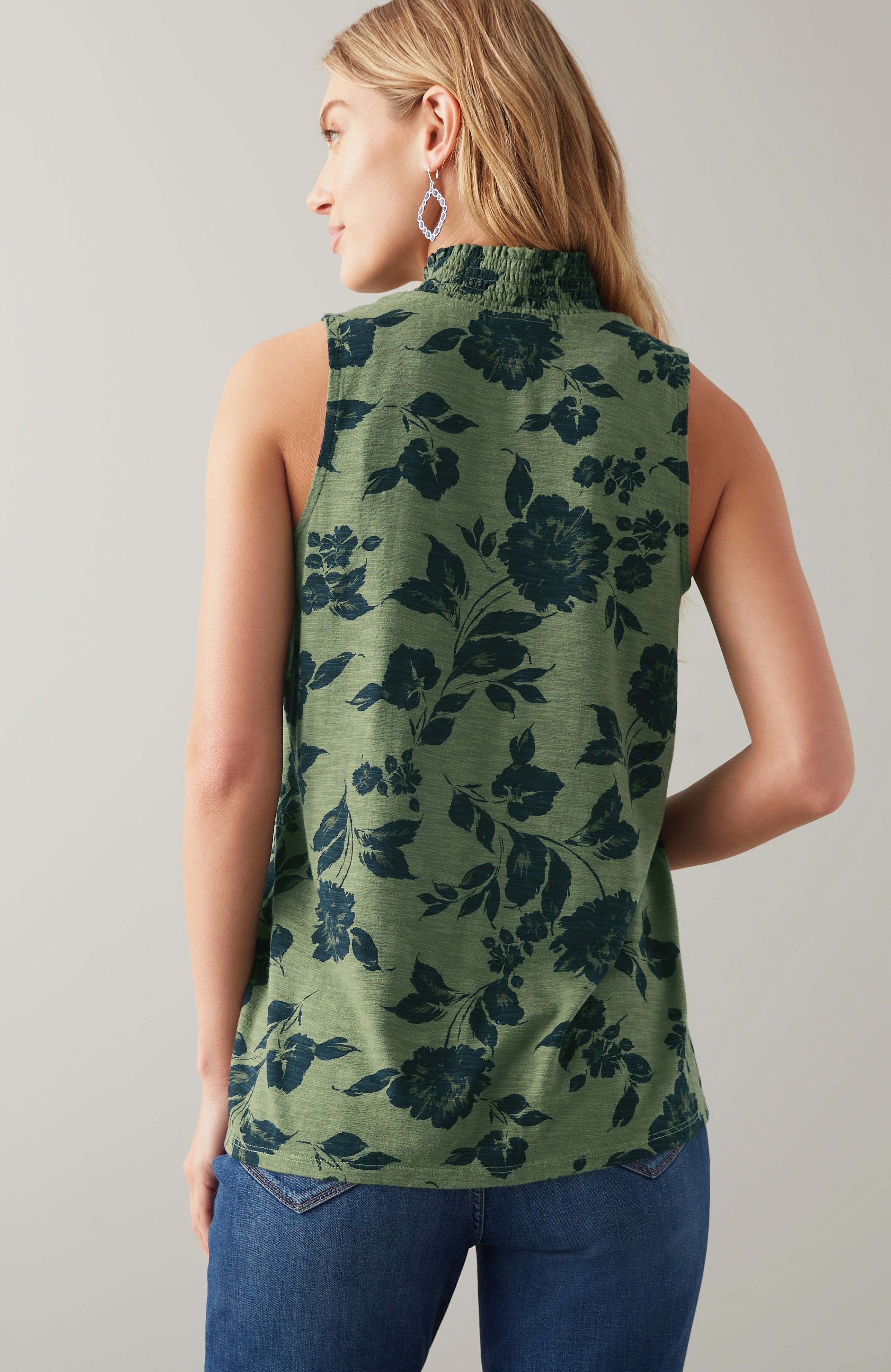 smocked-neck sleeveless top