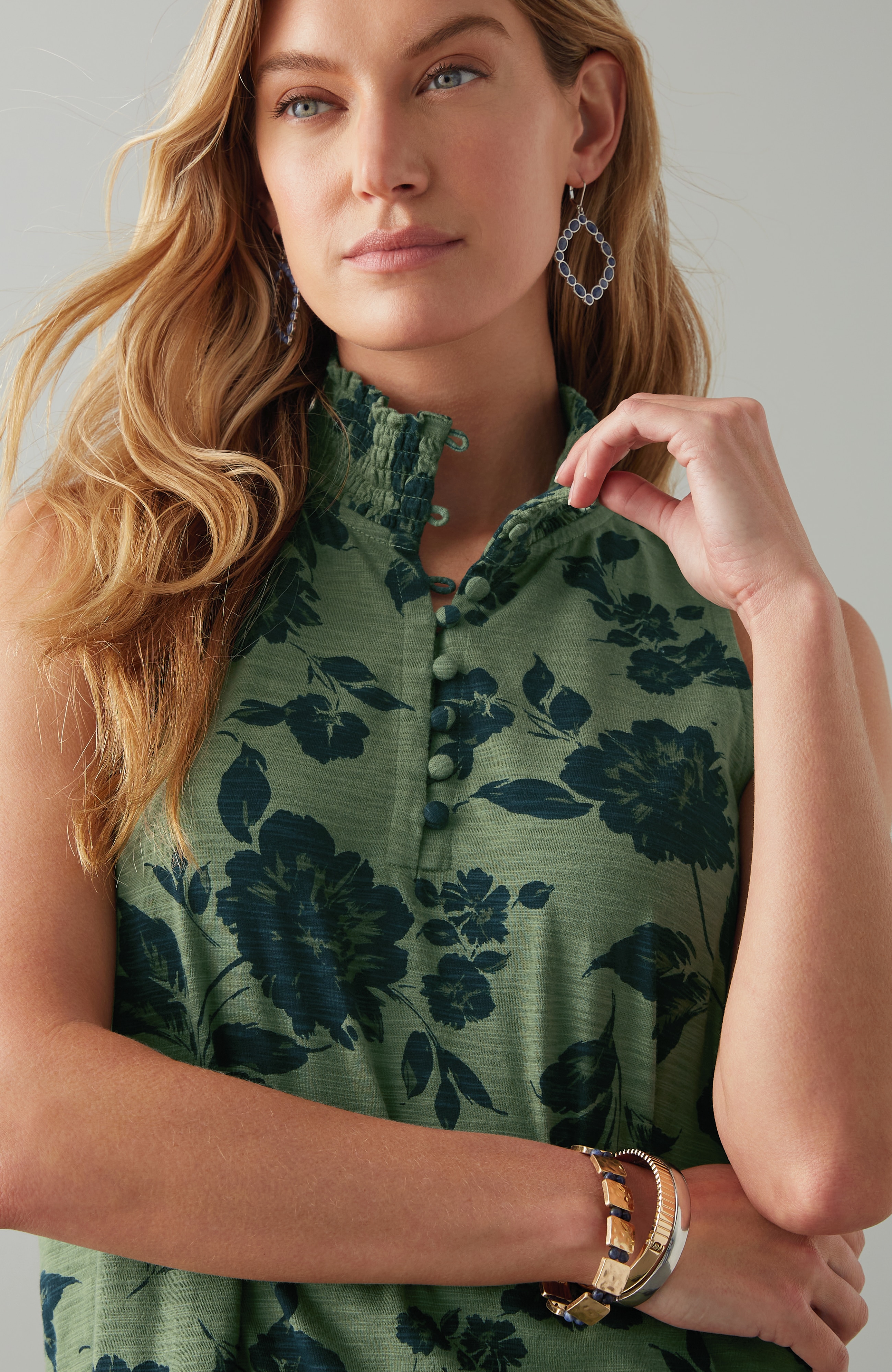 smocked-neck sleeveless top