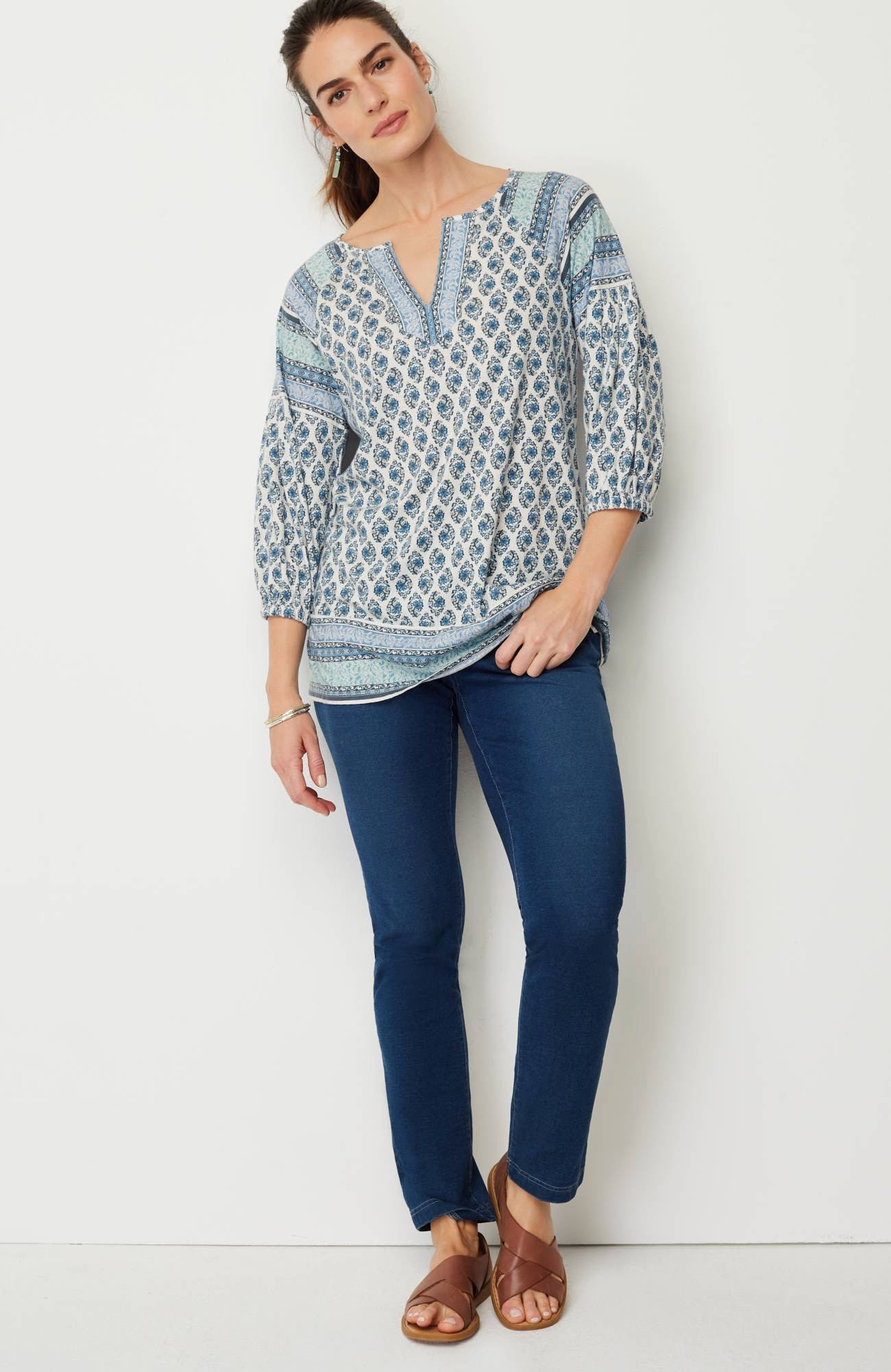 pure jill border-printed split-neck tunic