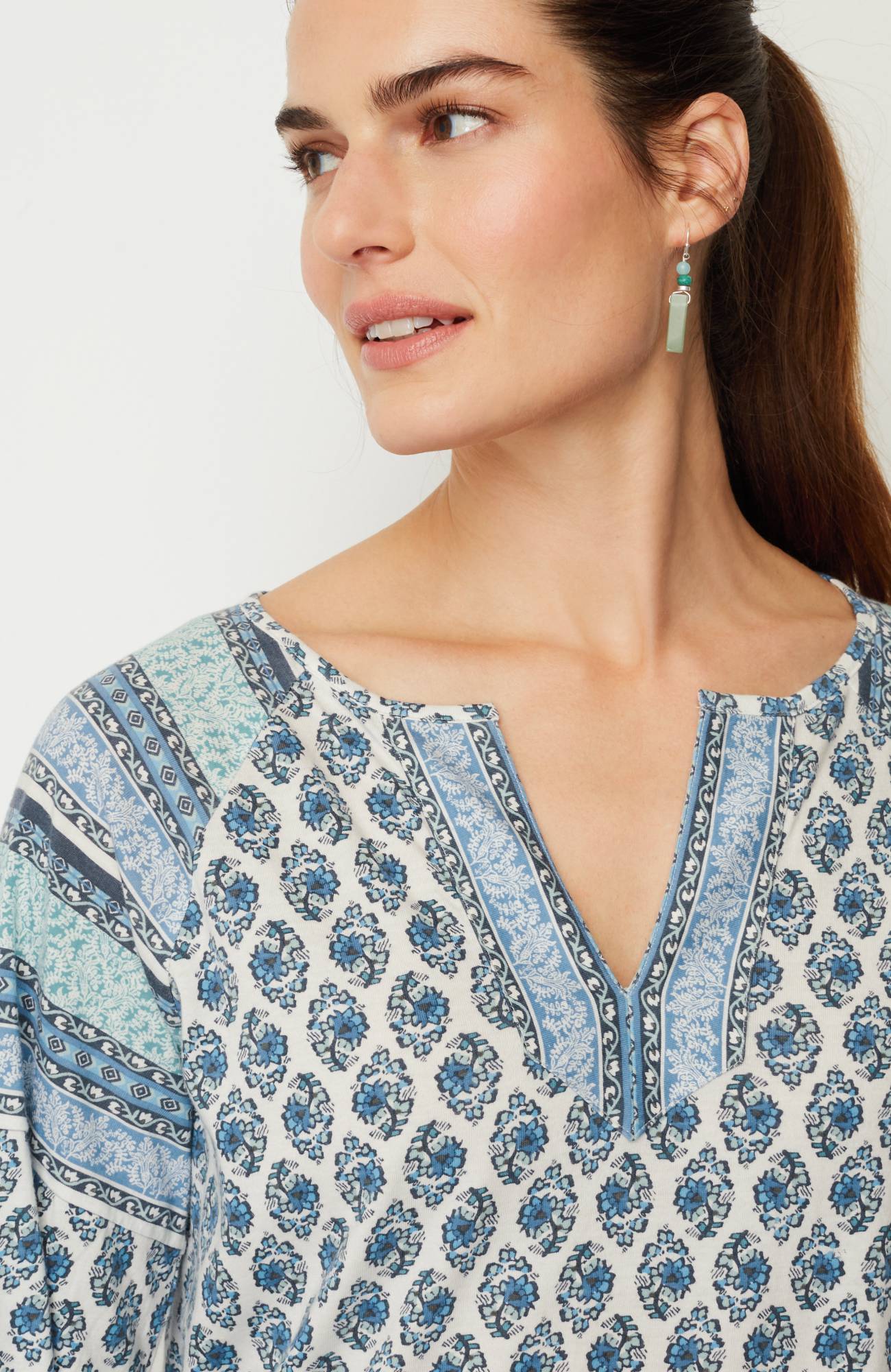 pure jill border-printed split-neck tunic