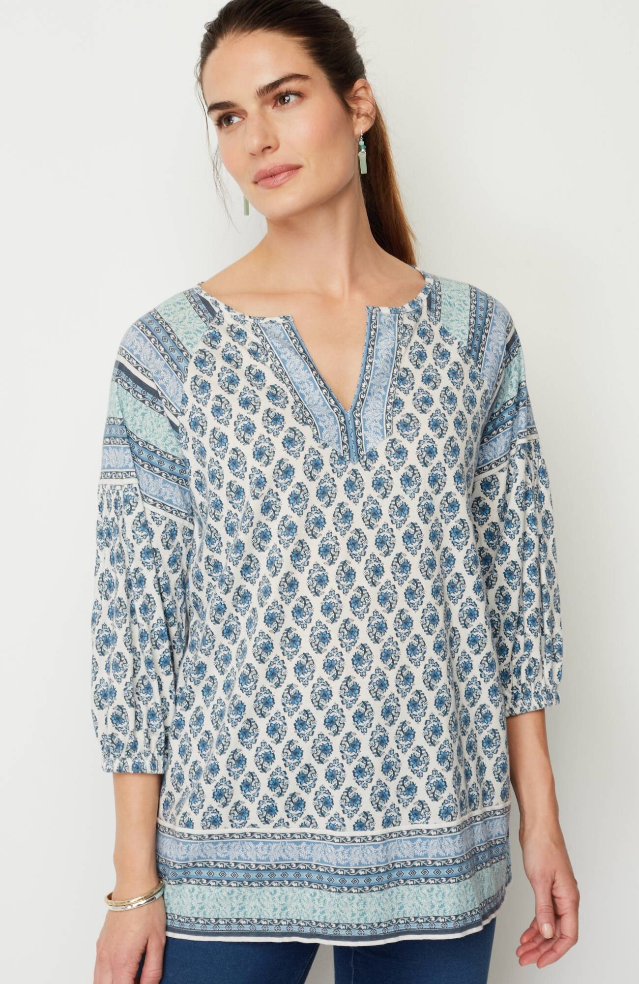 pure jill border-printed split-neck tunic