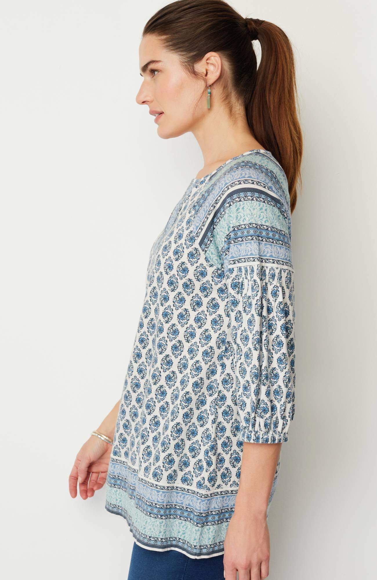 pure jill border-printed split-neck tunic