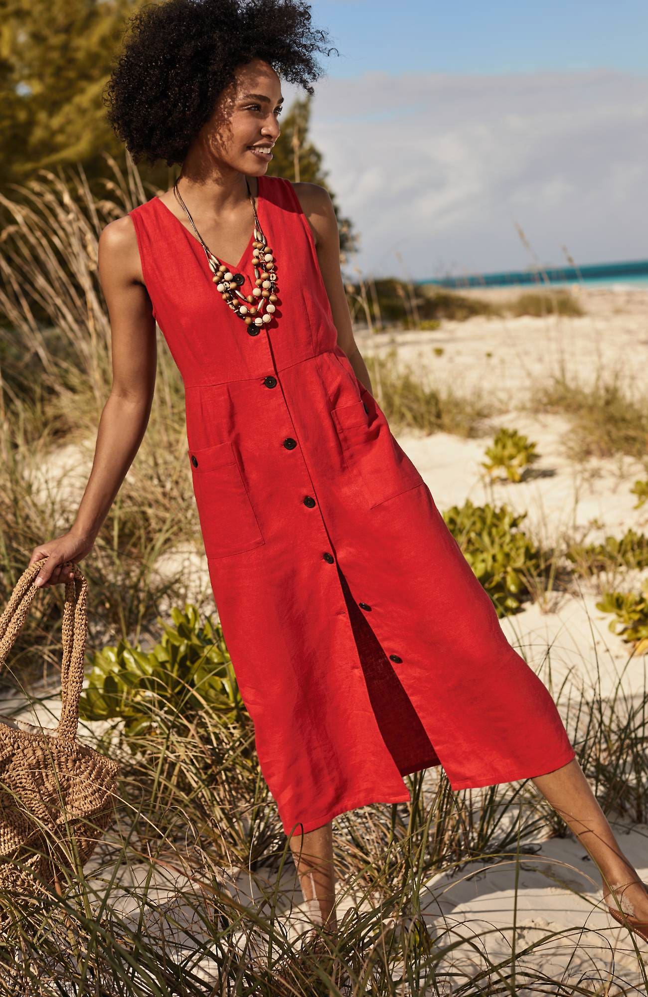 Shop Jjill J.jill Linen-blend V-neck Button-front Dress In Pomegranate