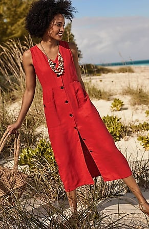 Image for Linen-Blend V-Neck Button-Front Dress