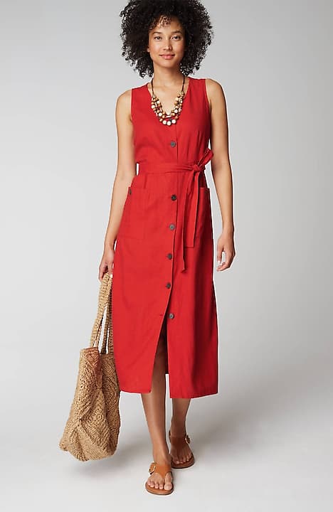 linen-blend v-neck button-front dress