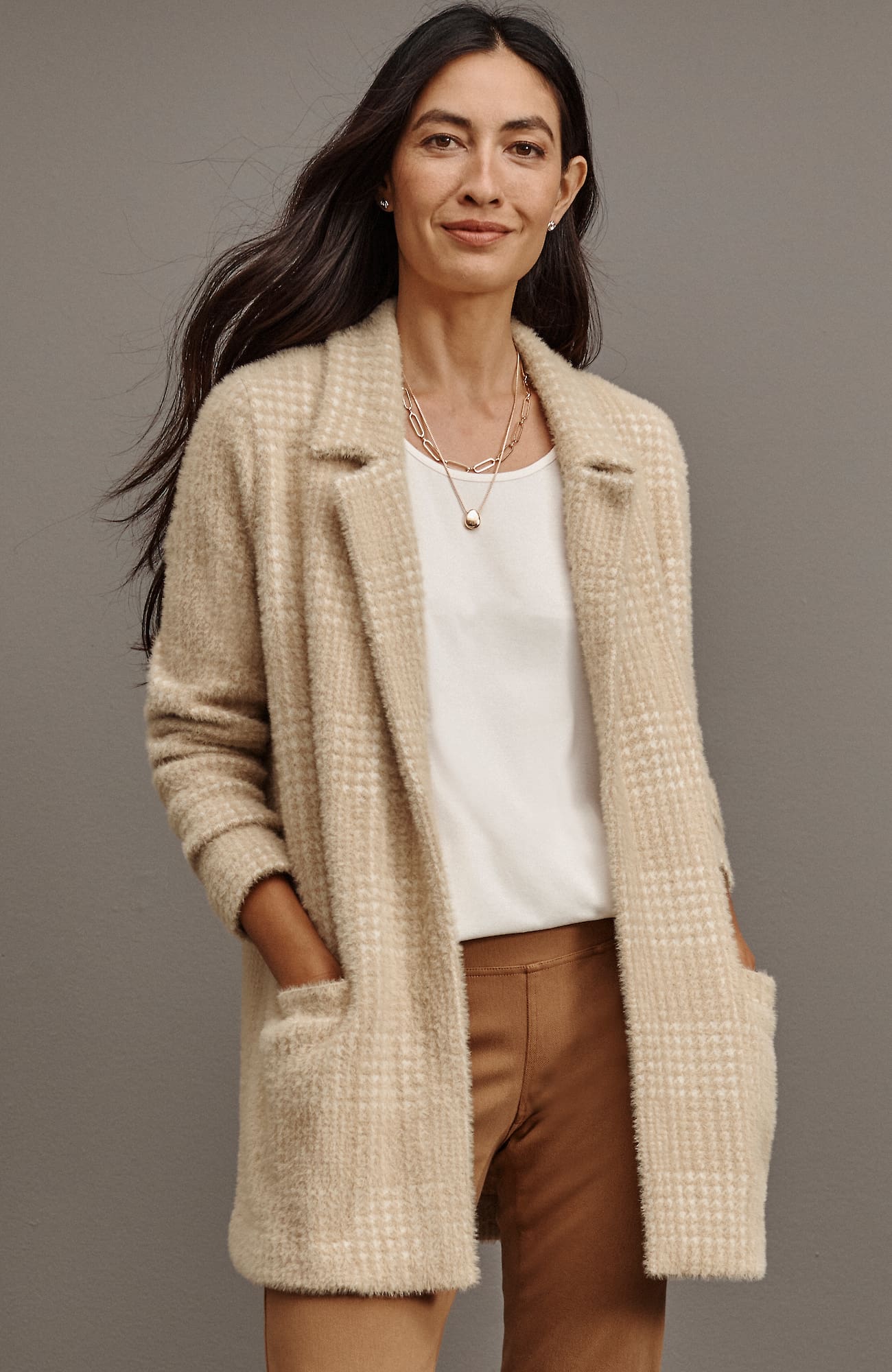 Jjill J.jill Wearever Luxe Soft Plaid Sweater-jacket In Cream,light Toffee