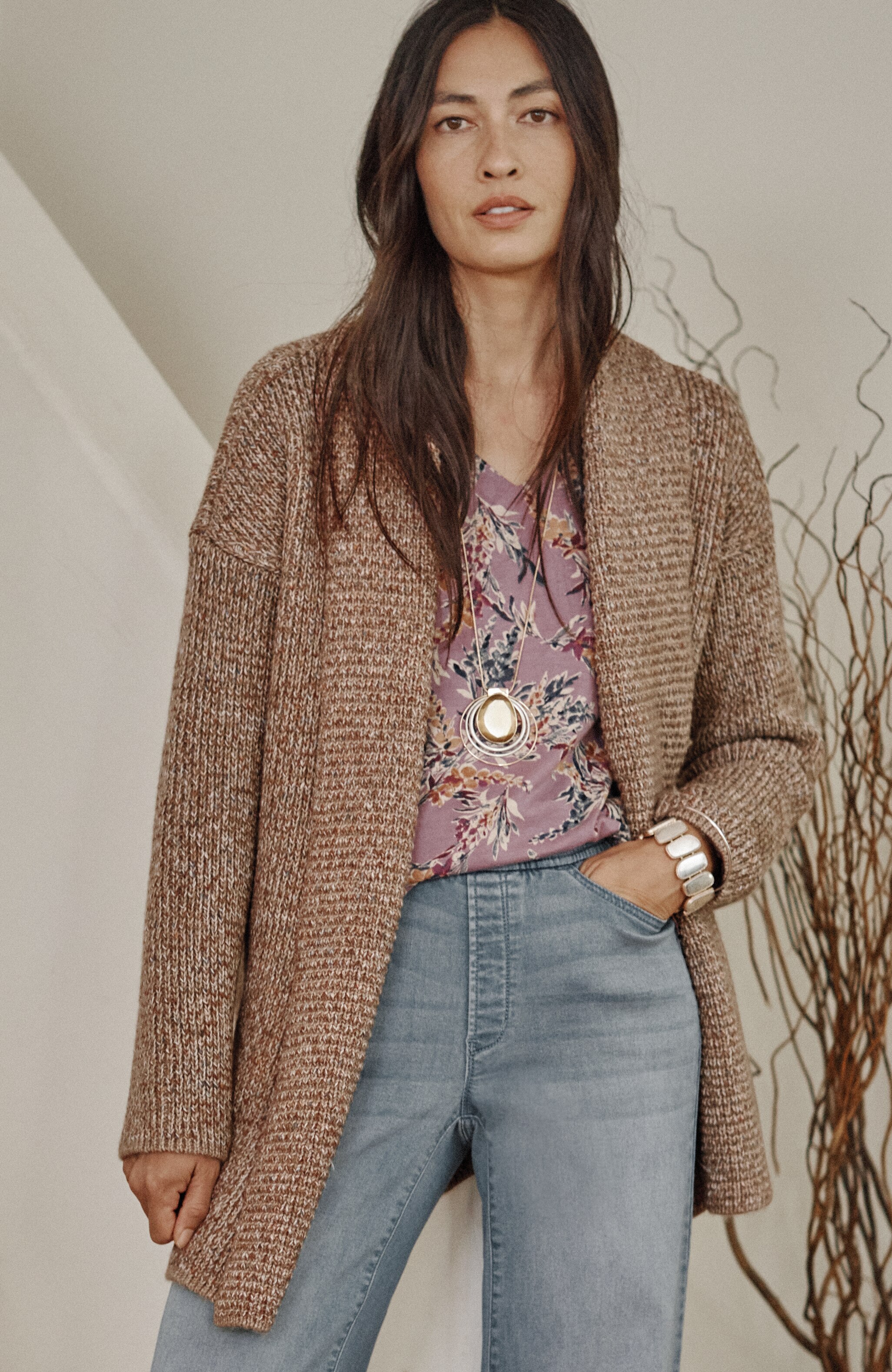 pure jill ribbed-texture shawl-collar cardi