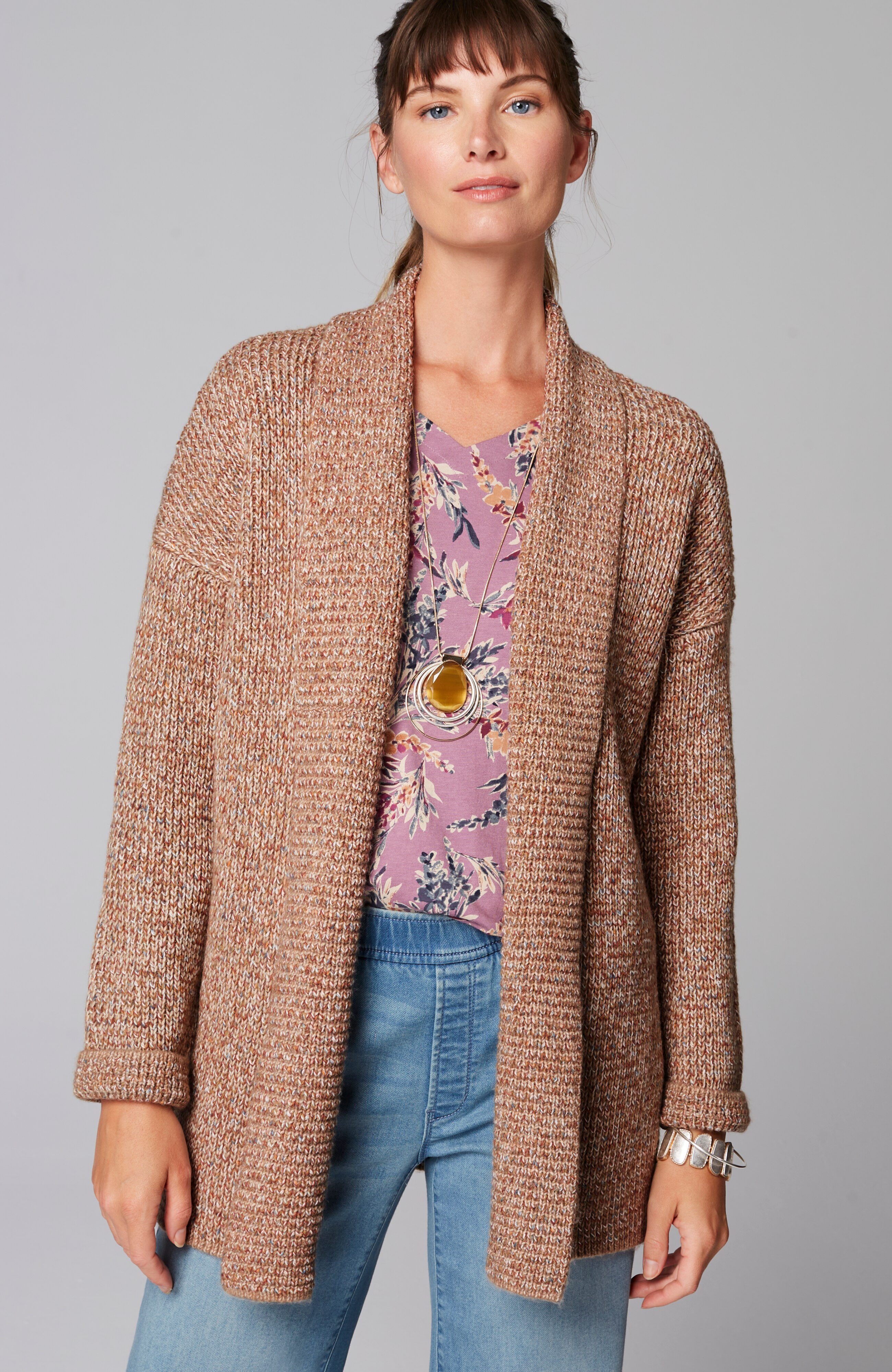 pure jill ribbed-texture shawl-collar cardi
