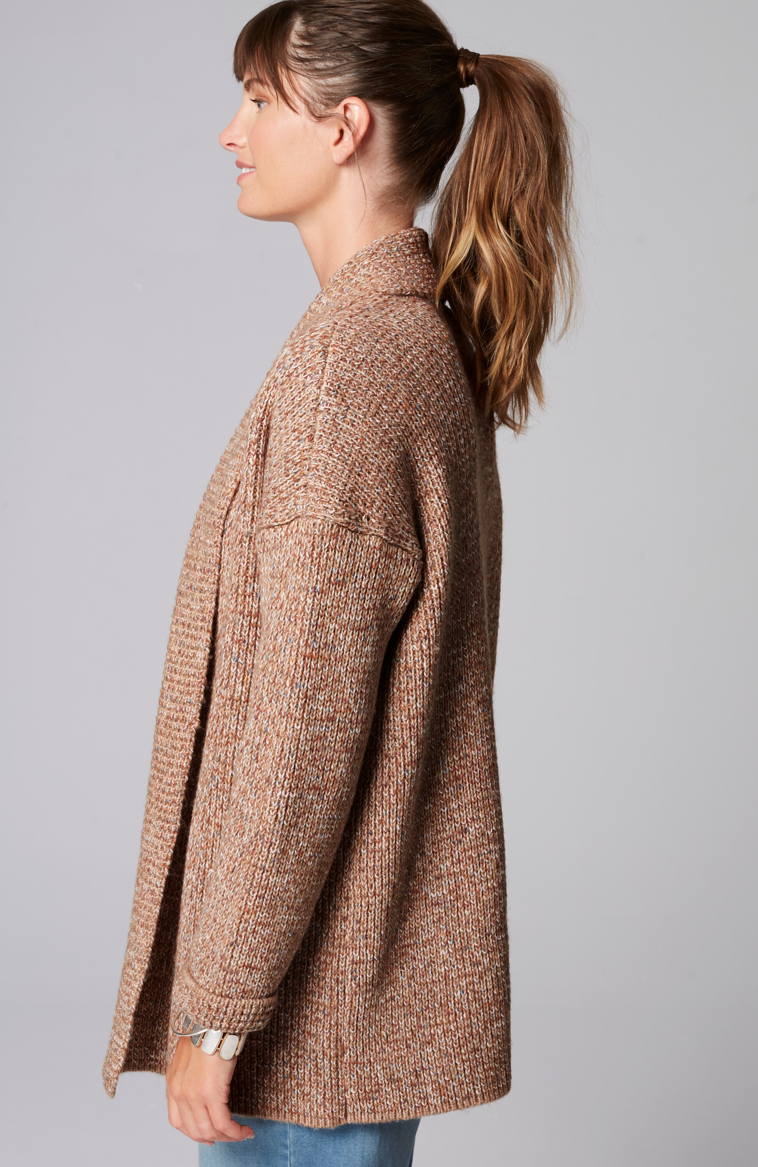 pure jill ribbed-texture shawl-collar cardi