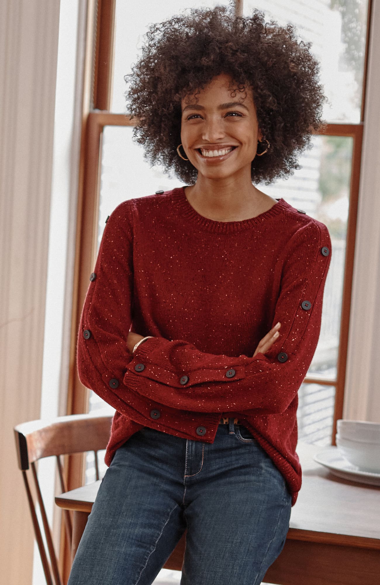 Jjill J.jill Tweed Buttoned-sleeve Sweater In Crimson Multi | ModeSens