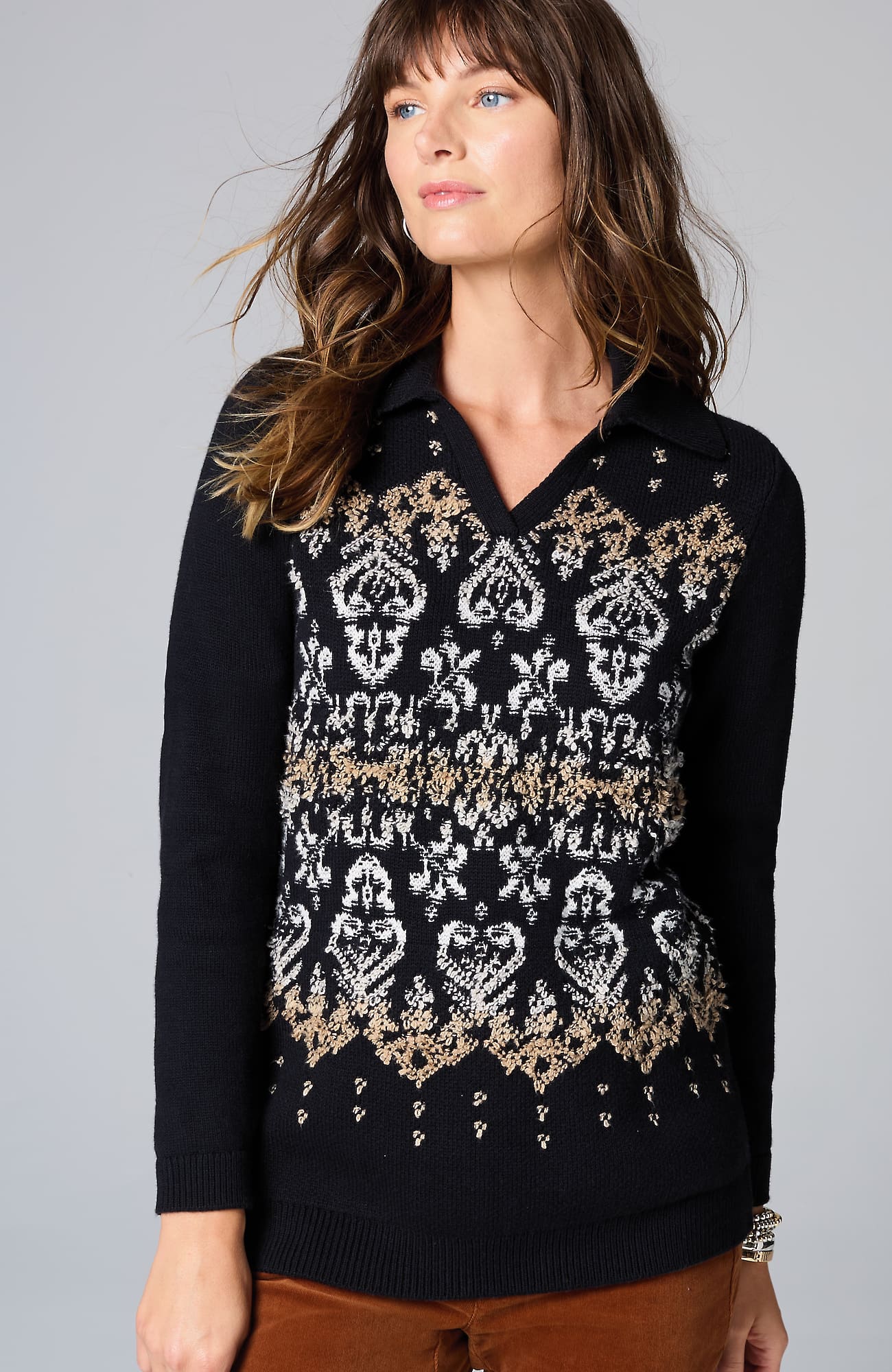 Jjill J.jill Jacquard-patterned Collared Sweater In Black Multi