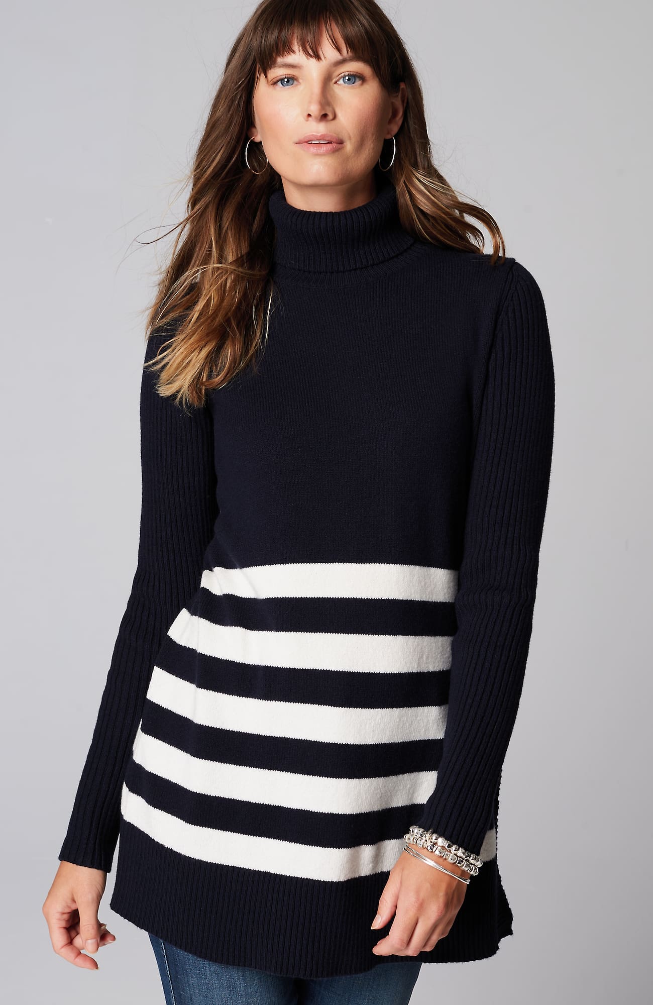 Jjill J.jill Ribbed-sleeves Turtleneck Sweater In Navy Blue,cream