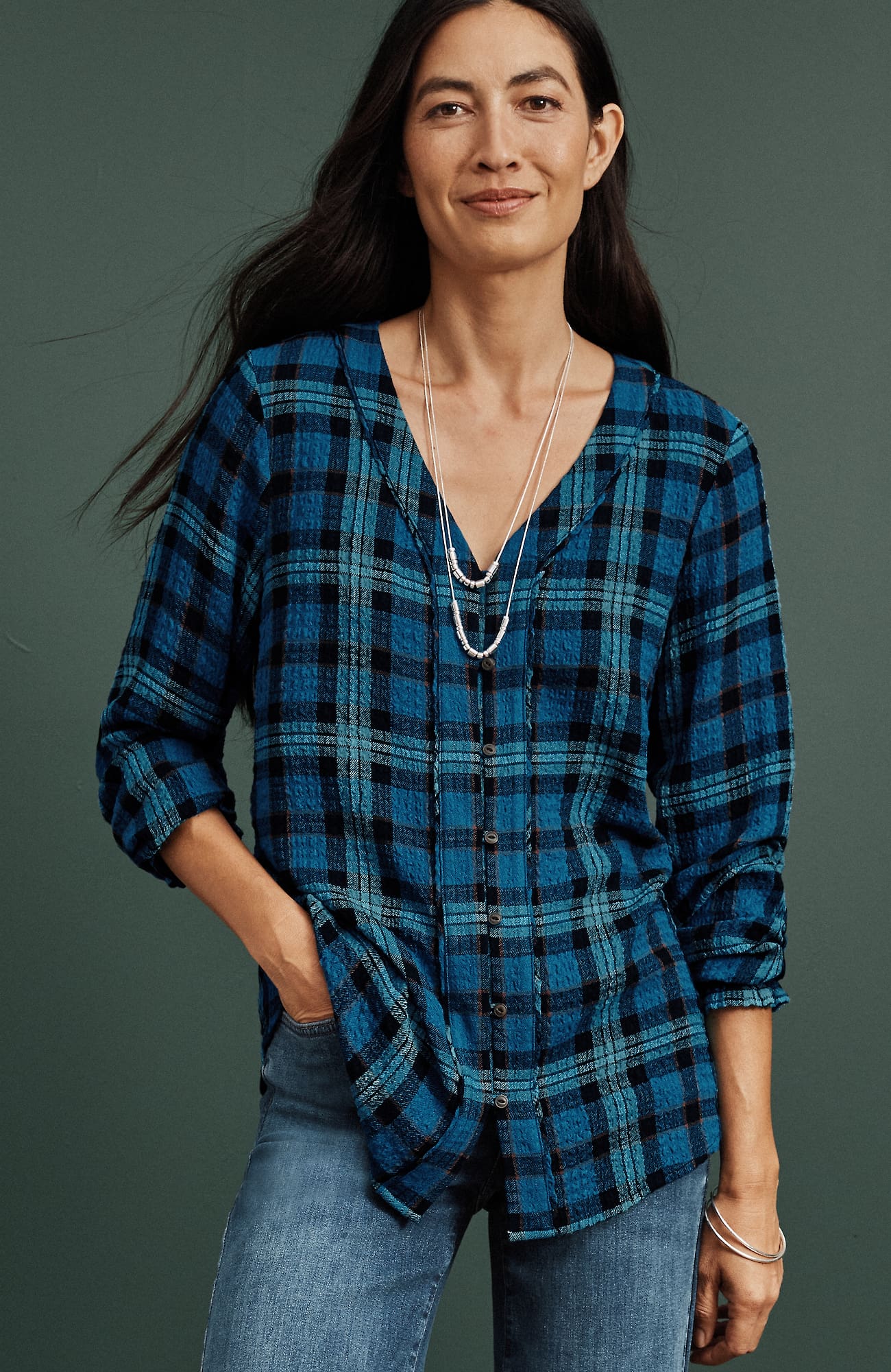 Jjill J.jill Crinkled Plaid Top In Blue Jewel Multi