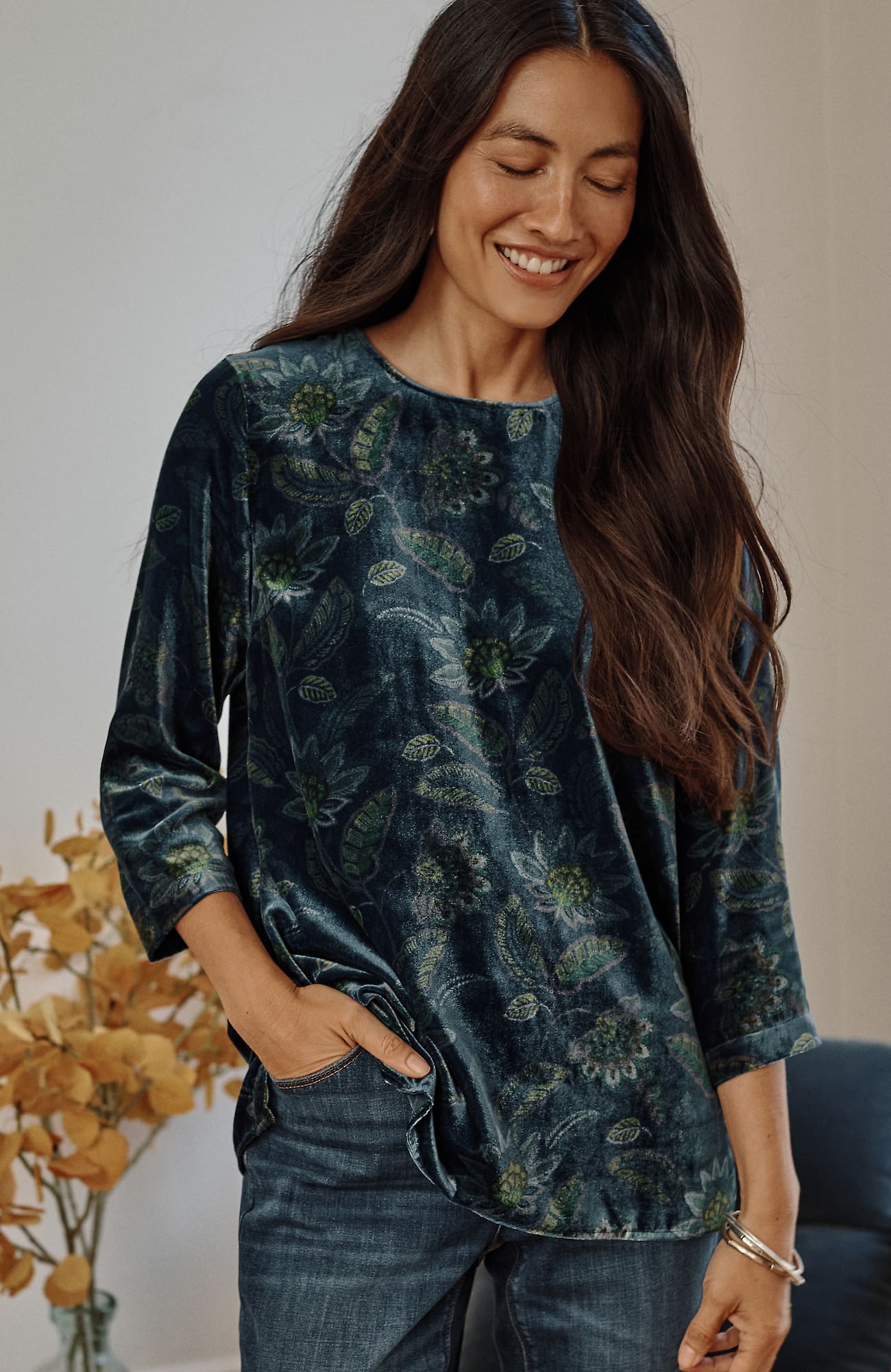 Jjill J.jill Printed-velvet Top In Peacock Blue Intricate Floral
