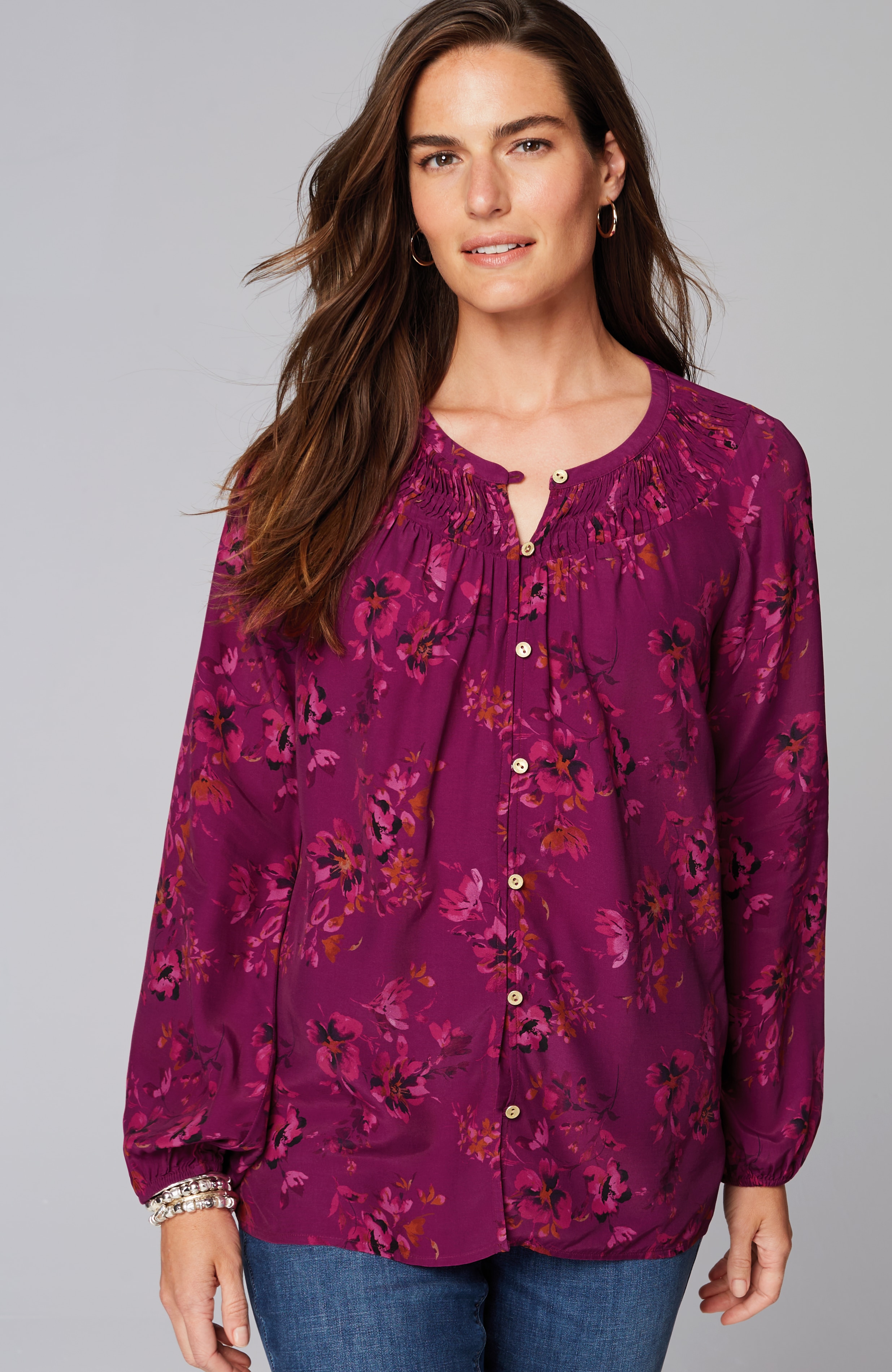 floral pleated-neck top