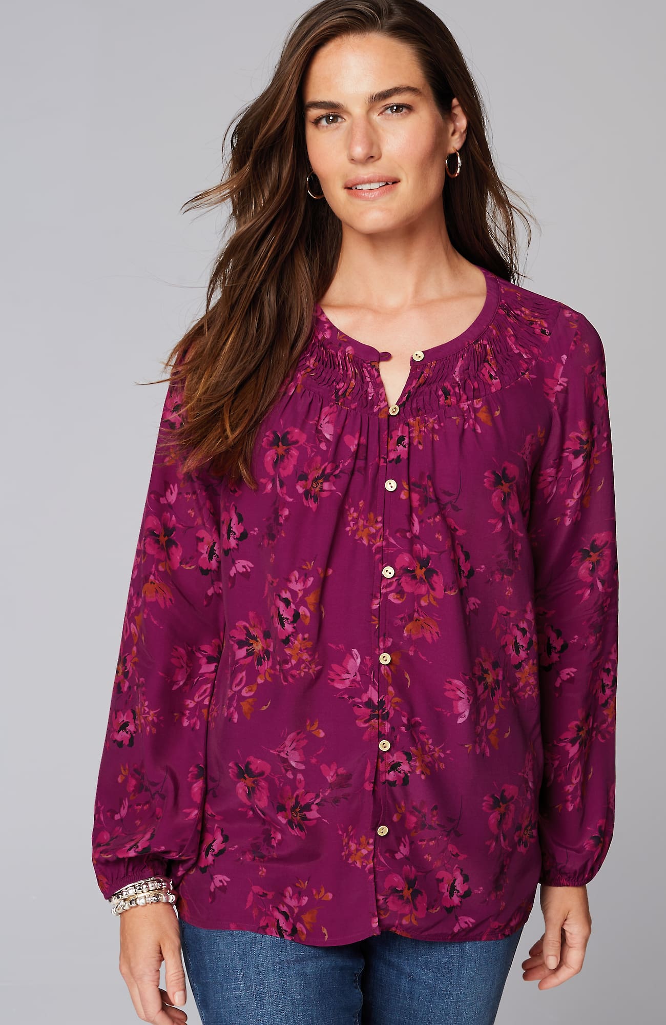Jjill J.jill Floral Pleated-neck Top In Light Rum Raisin Luminous Floral