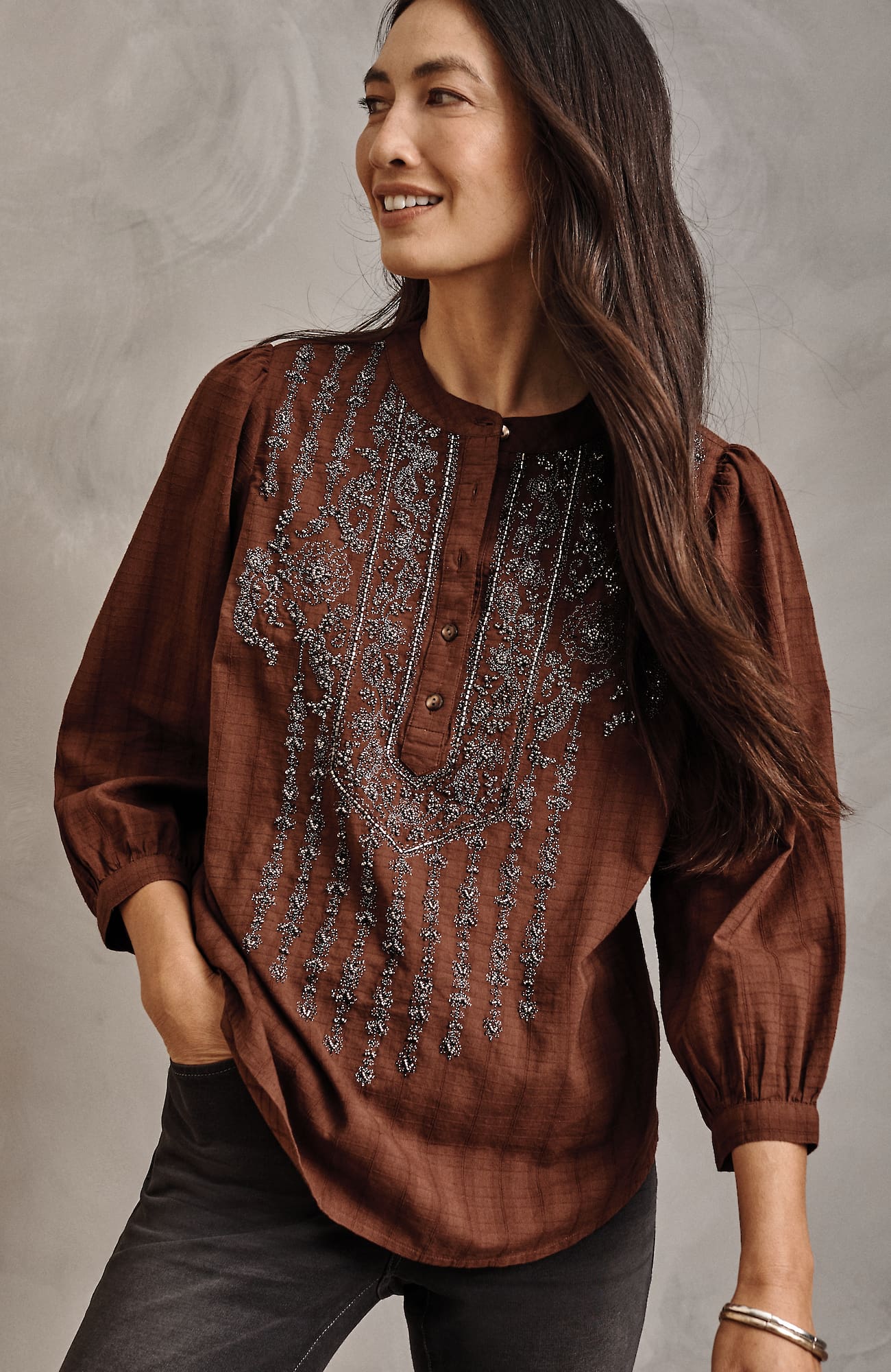 Jjill J.jill Pure Jill Beaded & Embroidered Top In Dark Rust Multi