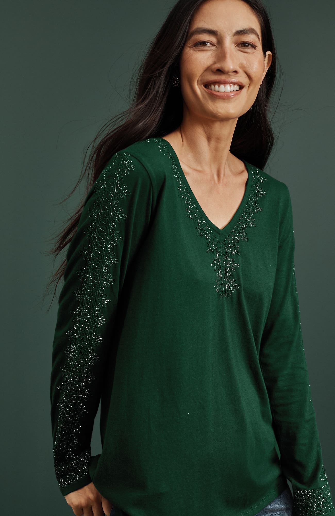 Jjill J.jill Metallic-embroidered V-neck Top In Scots Pine